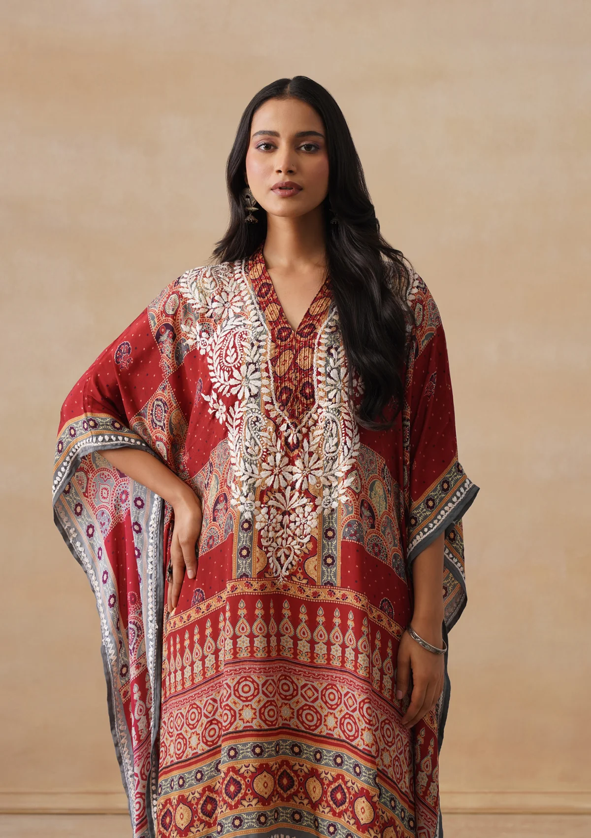 HOC Crepe Chikankari Printed Straight Women's Short Kaftan-Rust - Image 4