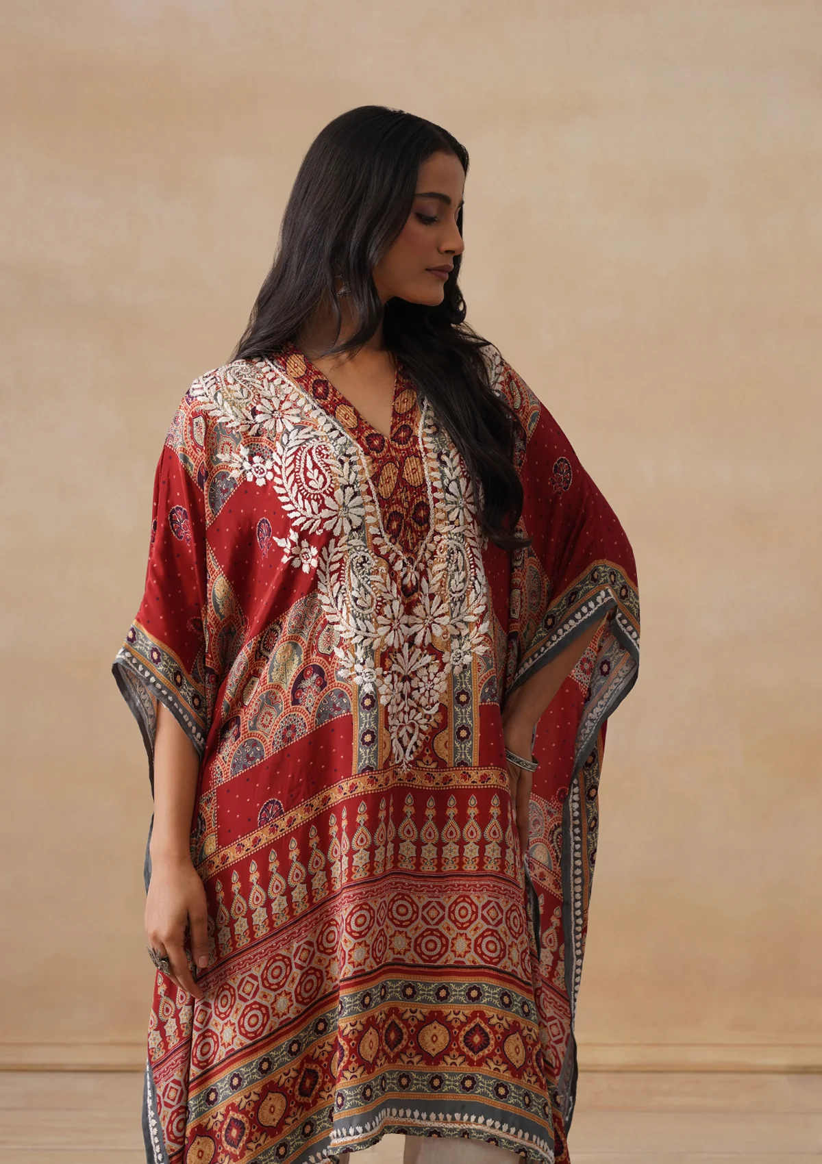 HOC Crepe Chikankari Printed Straight Women's Short Kaftan-Rust - Image 6