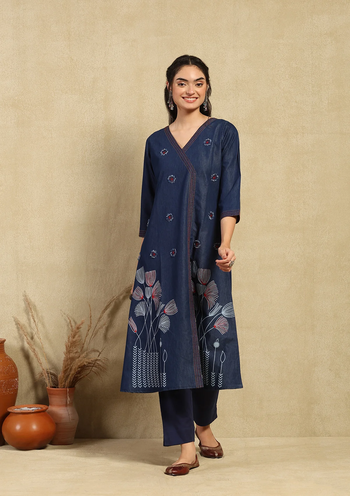 HOC Kantha Denim Printed Women's A-Line Kurta - Dark Blue
