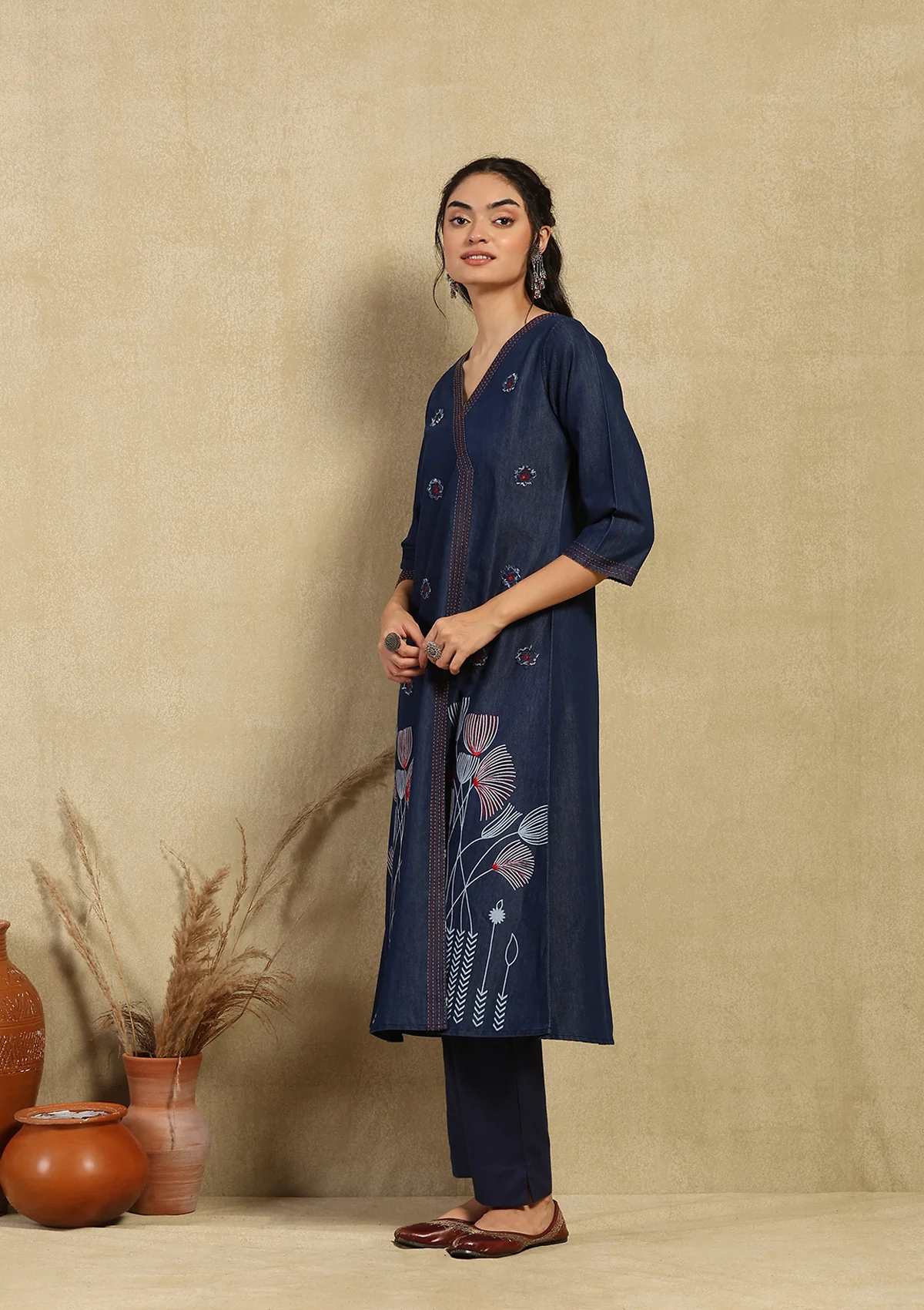 HOC Kantha Denim Printed Women's A-Line Kurta - Dark Blue - Image 3