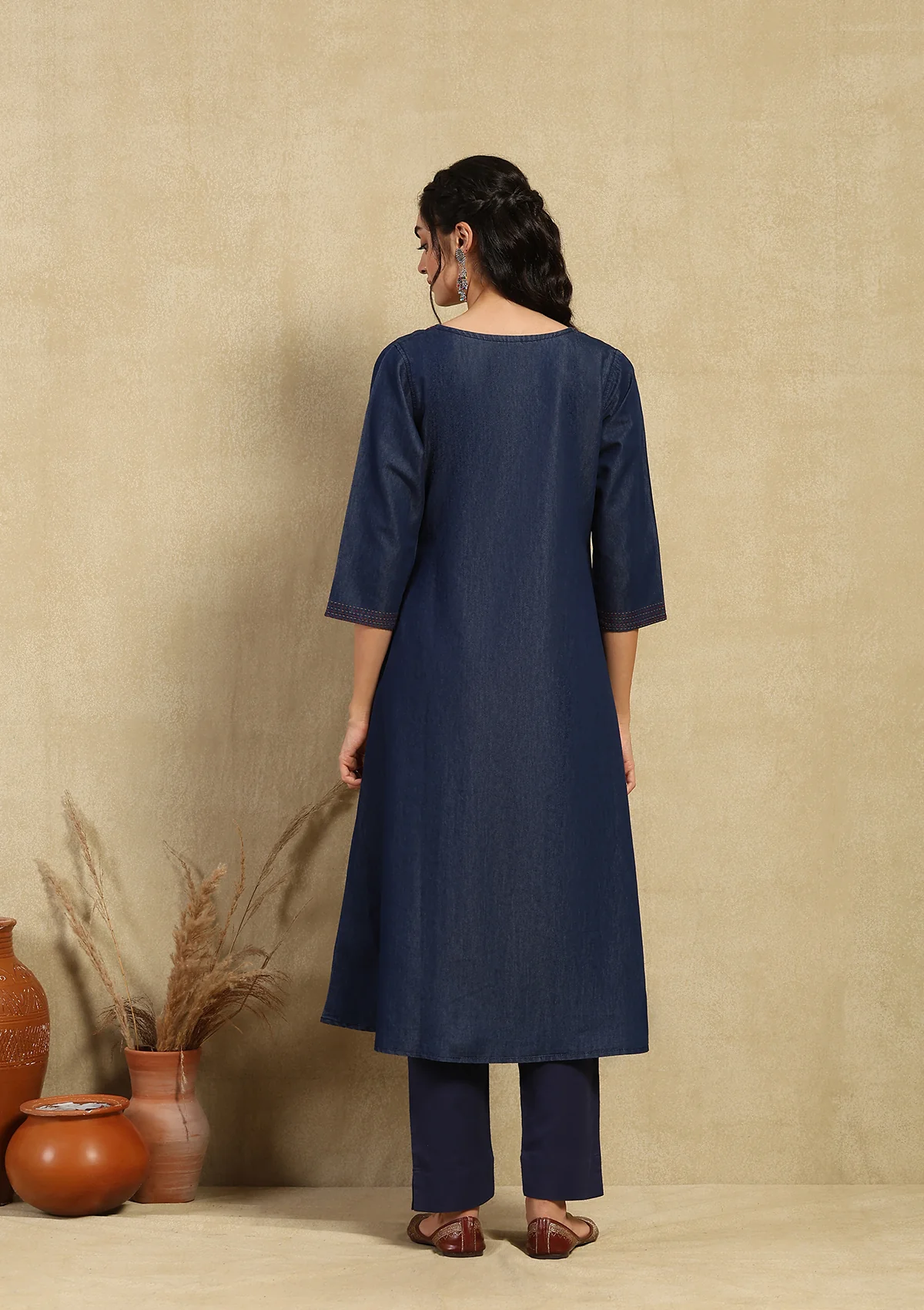 HOC Kantha Denim Printed Women's A-Line Kurta - Dark Blue - Image 5