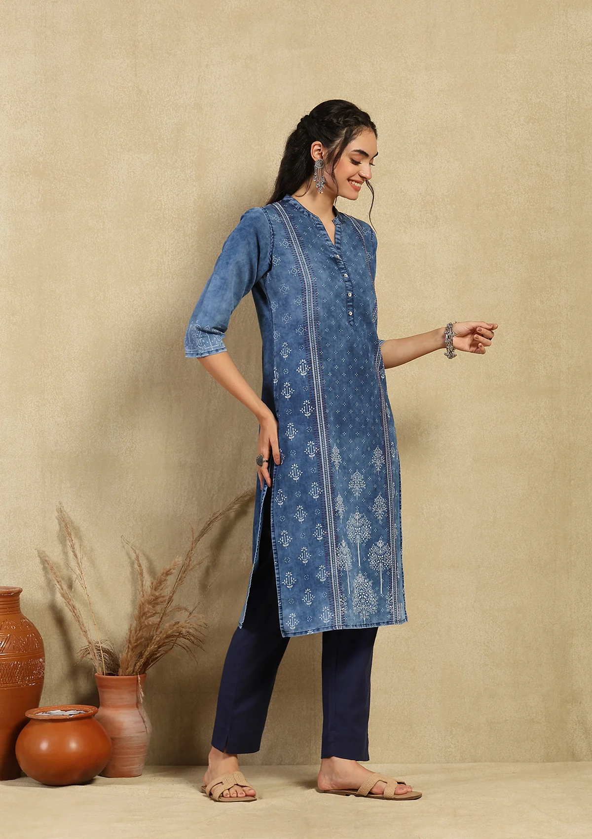 HOC Kantha Denim Printed Women's Kurta - Blue - Image 3