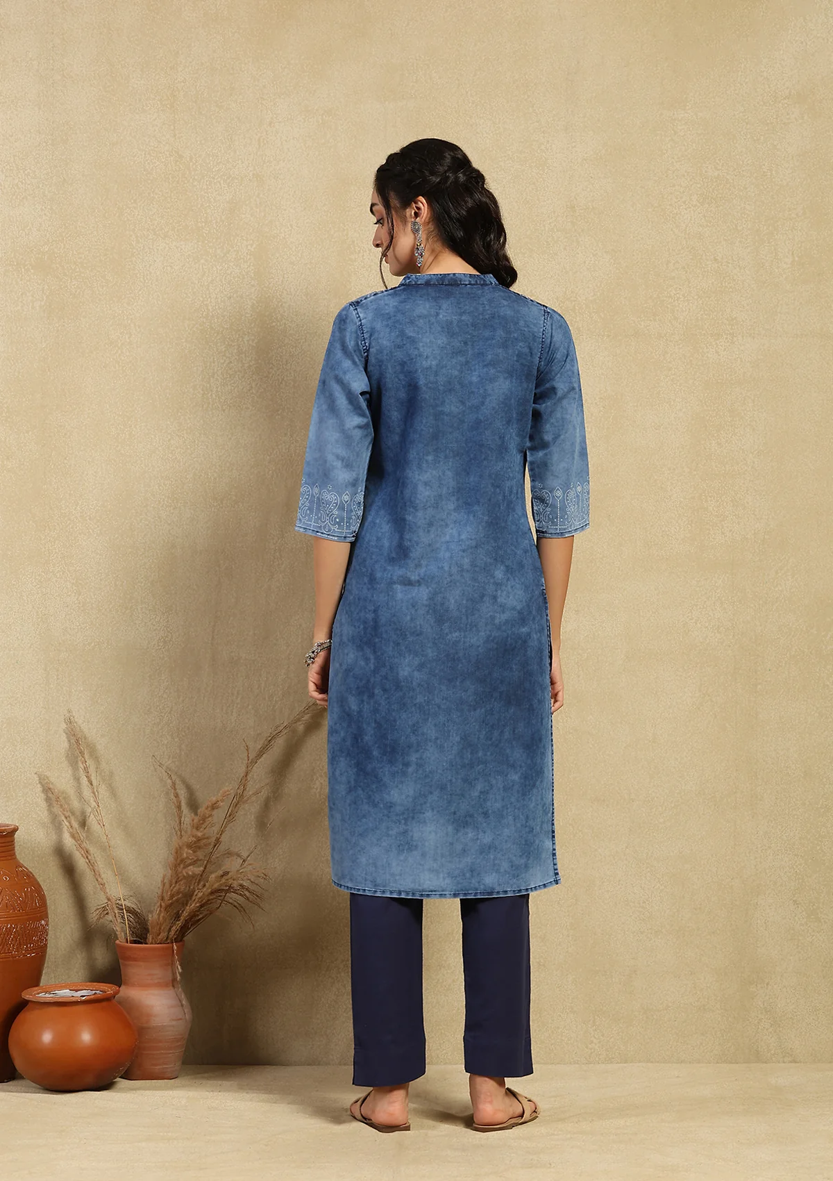 HOC Kantha Denim Printed Women's Kurta - Blue - Image 5