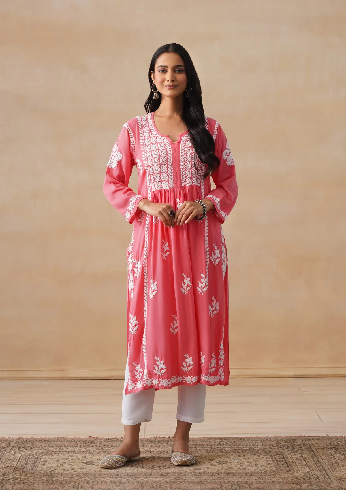 HOC Modal Chikankari Solid Women's Long Kurta - Coral