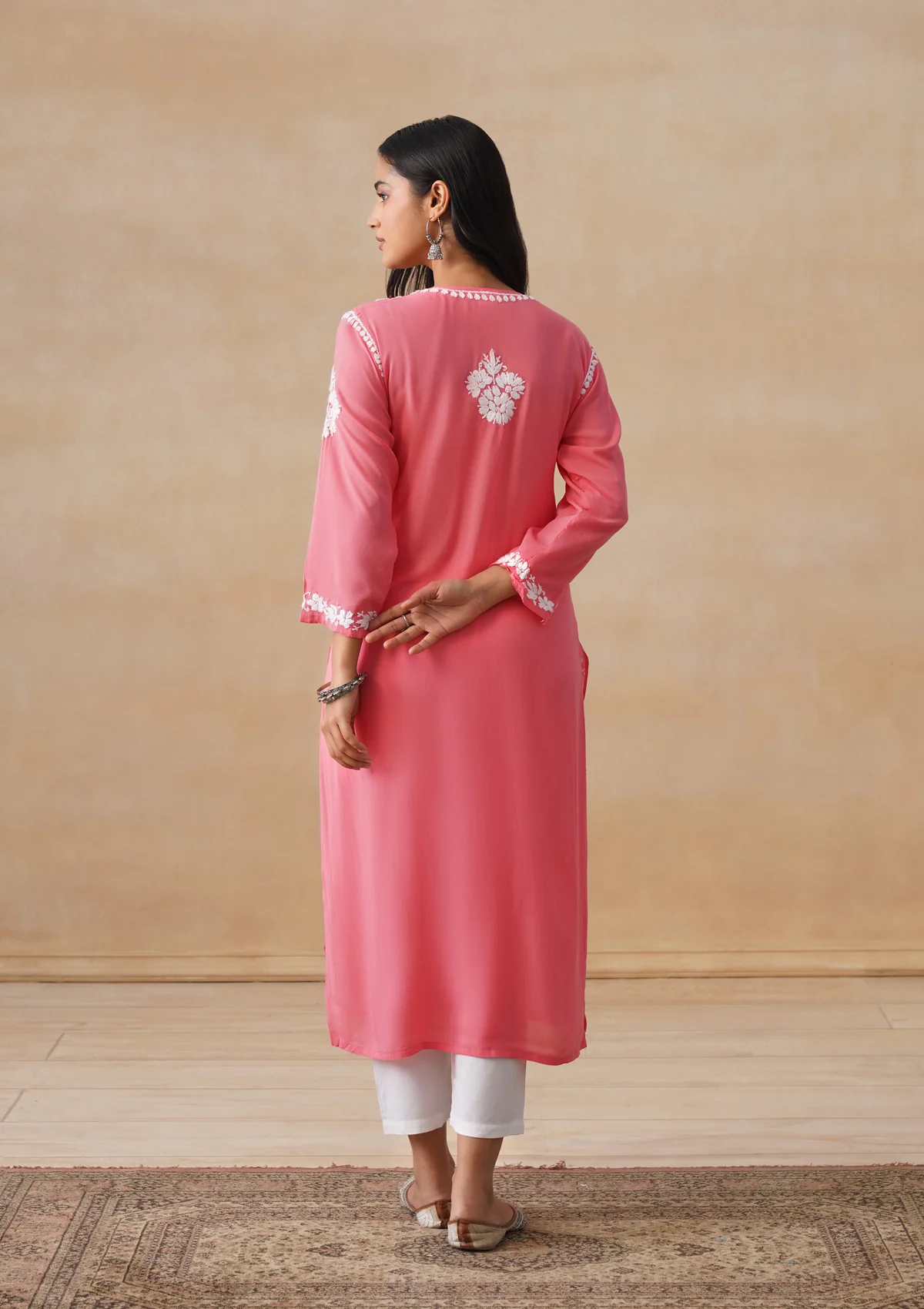 HOC Modal Chikankari Solid Women's Long Kurta - Coral - Image 10