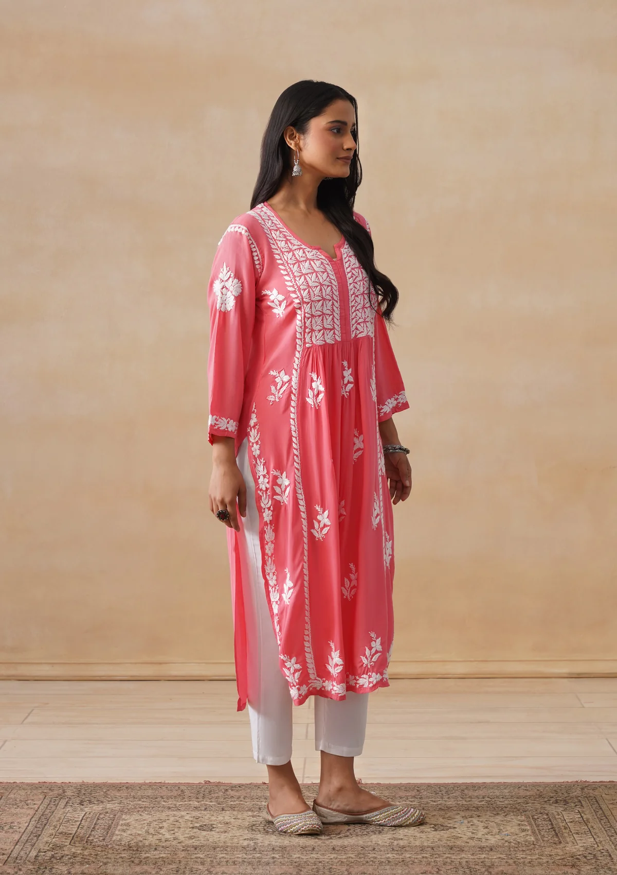HOC Modal Chikankari Solid Women's Long Kurta - Coral - Image 5
