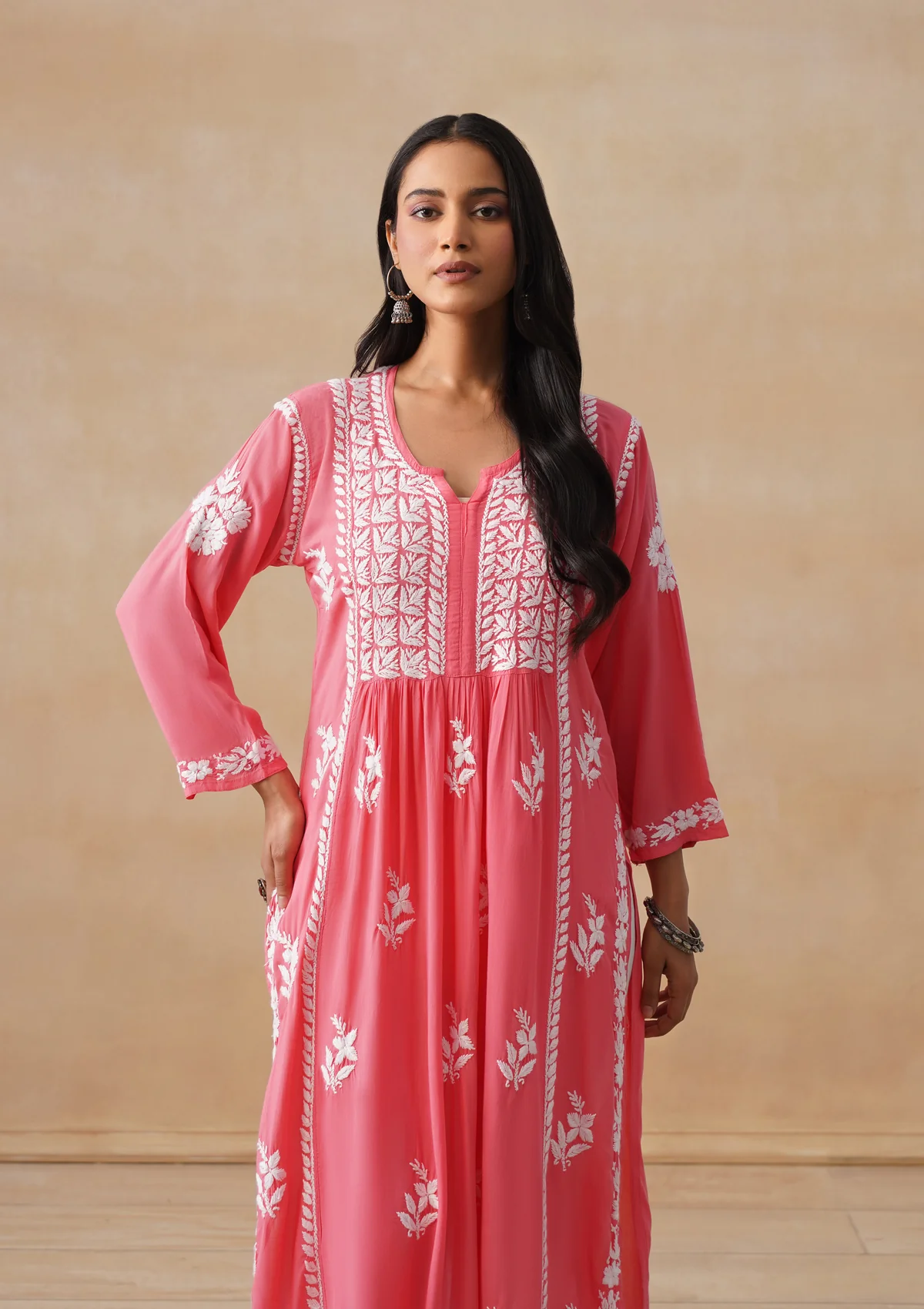 HOC Modal Chikankari Solid Women's Long Kurta - Coral - Image 6