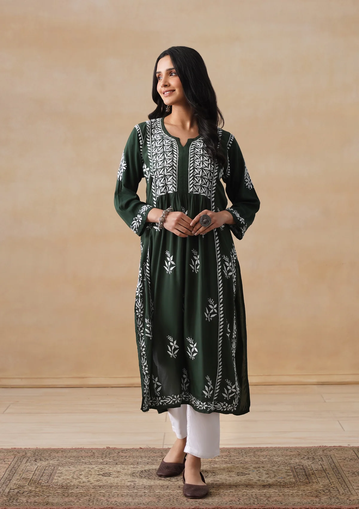 HOC Modal Chikankari Solid Women's Long Kurta - Dark Green