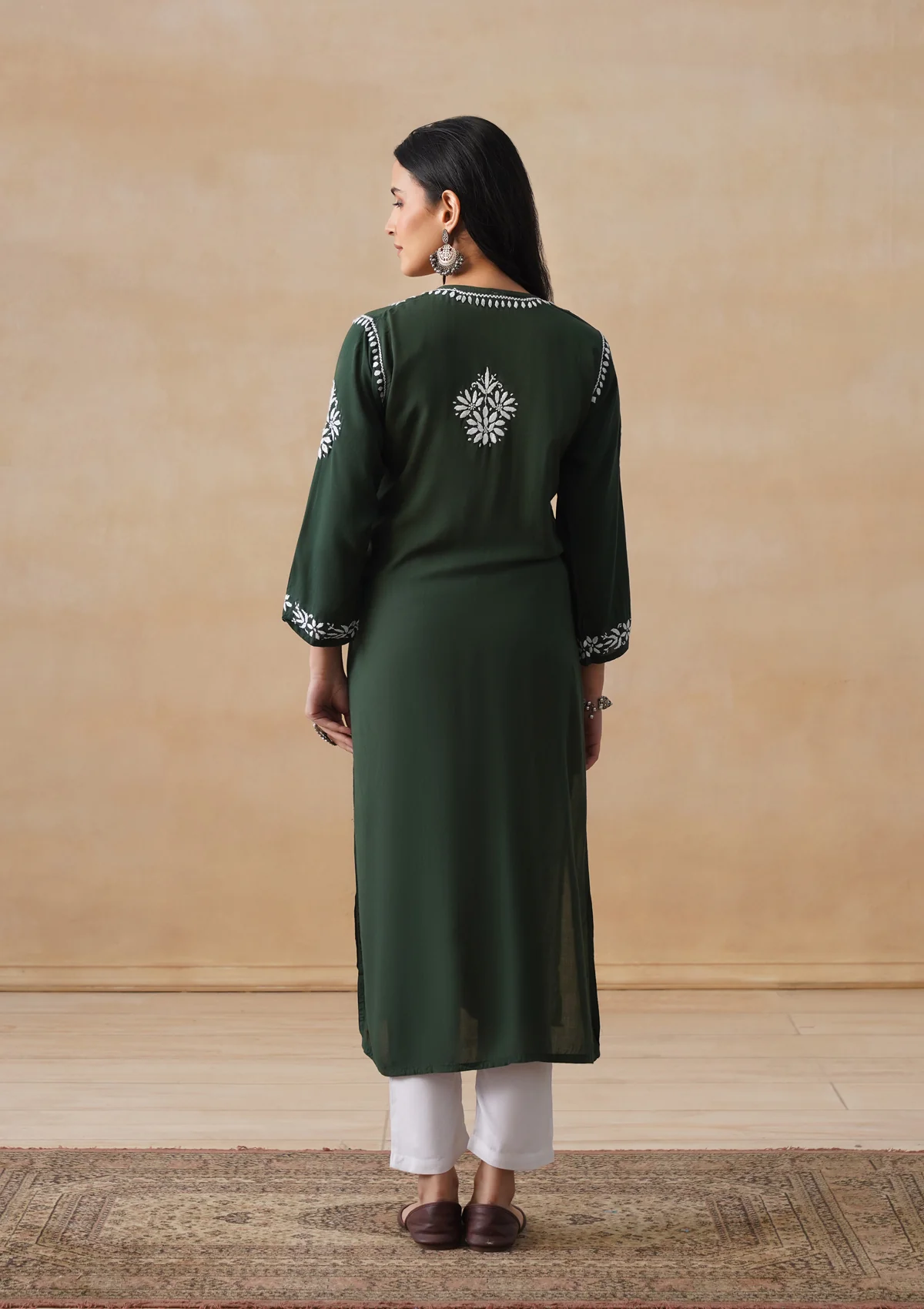 HOC Modal Chikankari Solid Women's Long Kurta - Dark Green - Image 10