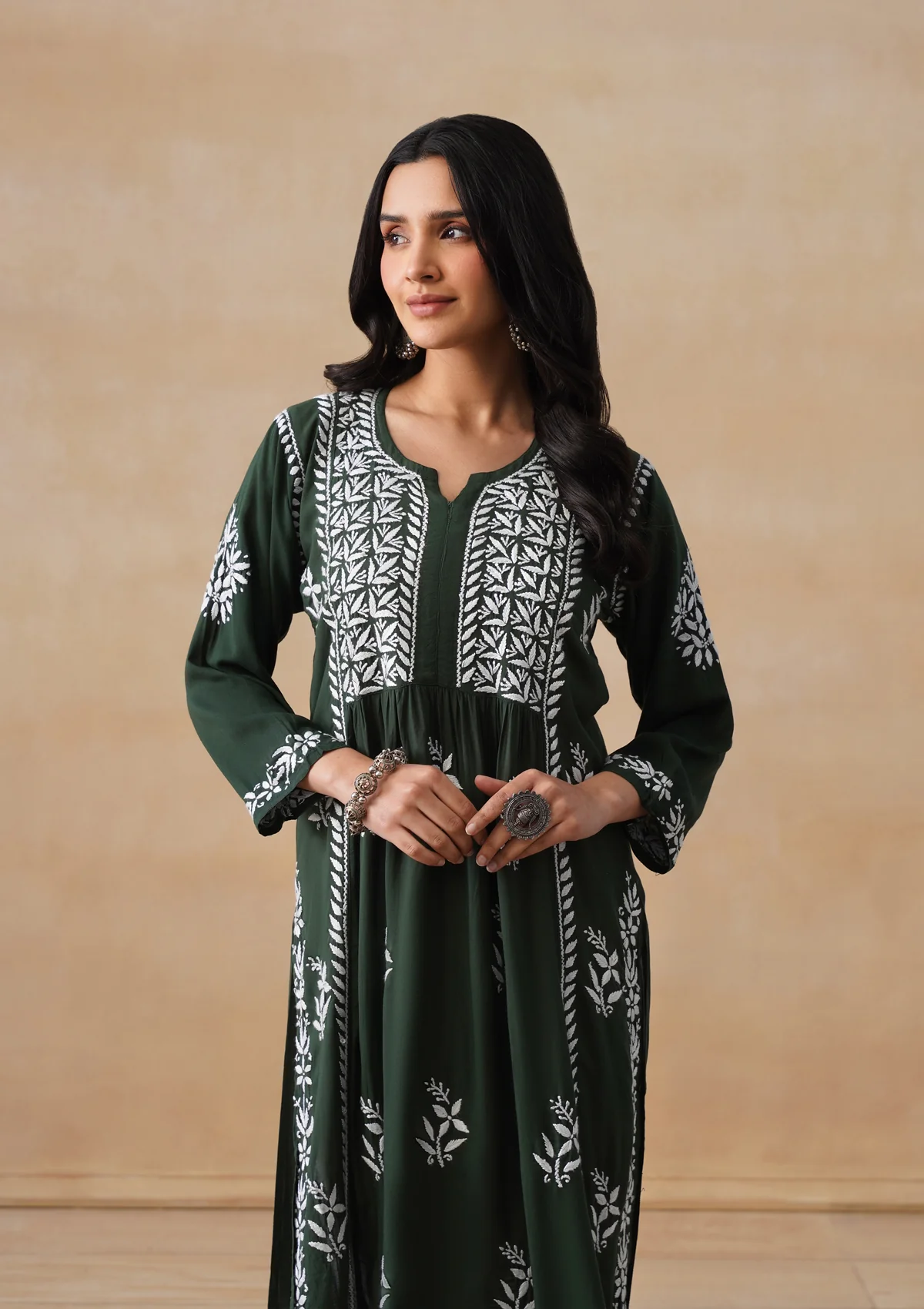HOC Modal Chikankari Solid Women's Long Kurta - Dark Green - Image 2