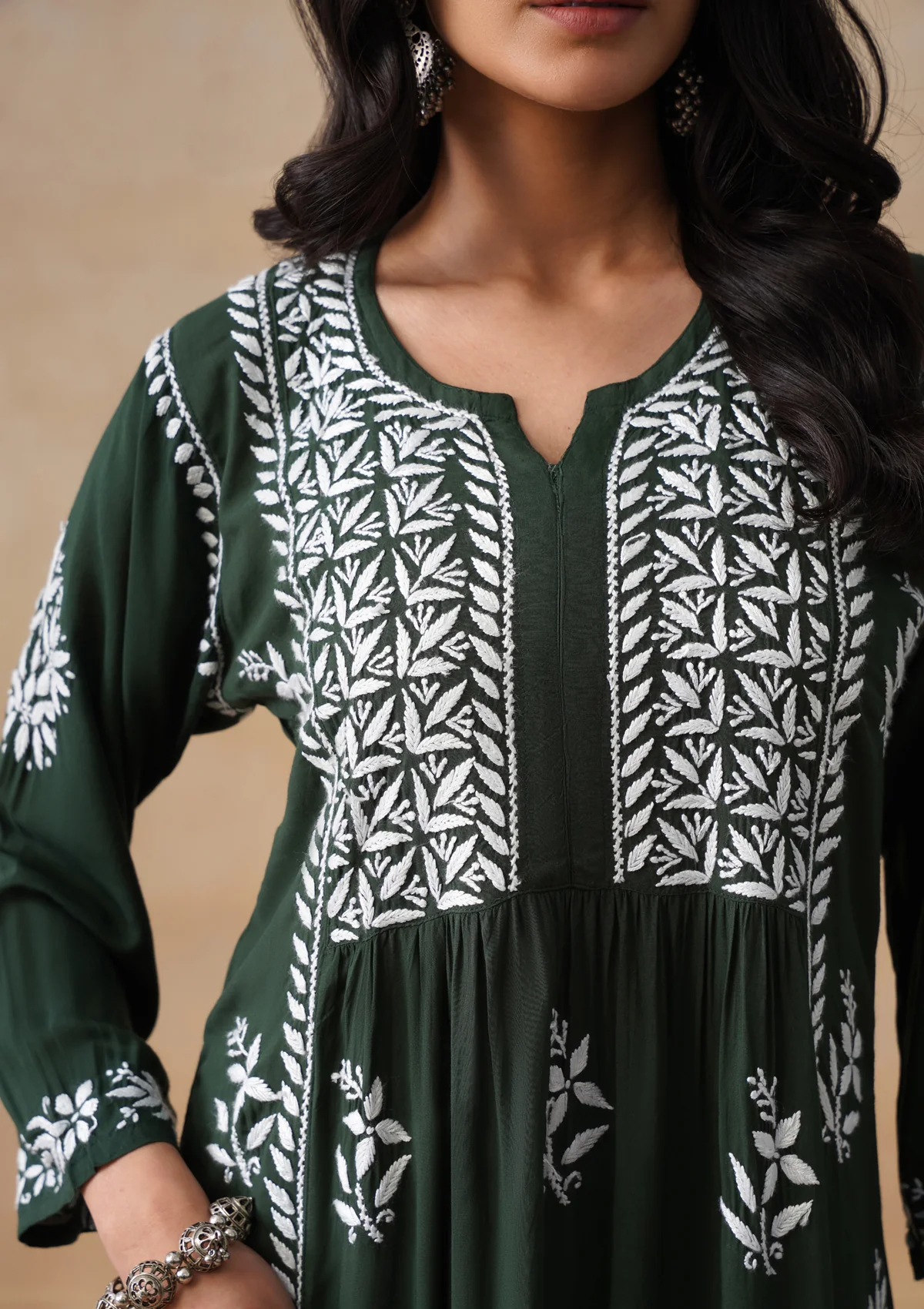 HOC Modal Chikankari Solid Women's Long Kurta - Dark Green - Image 4