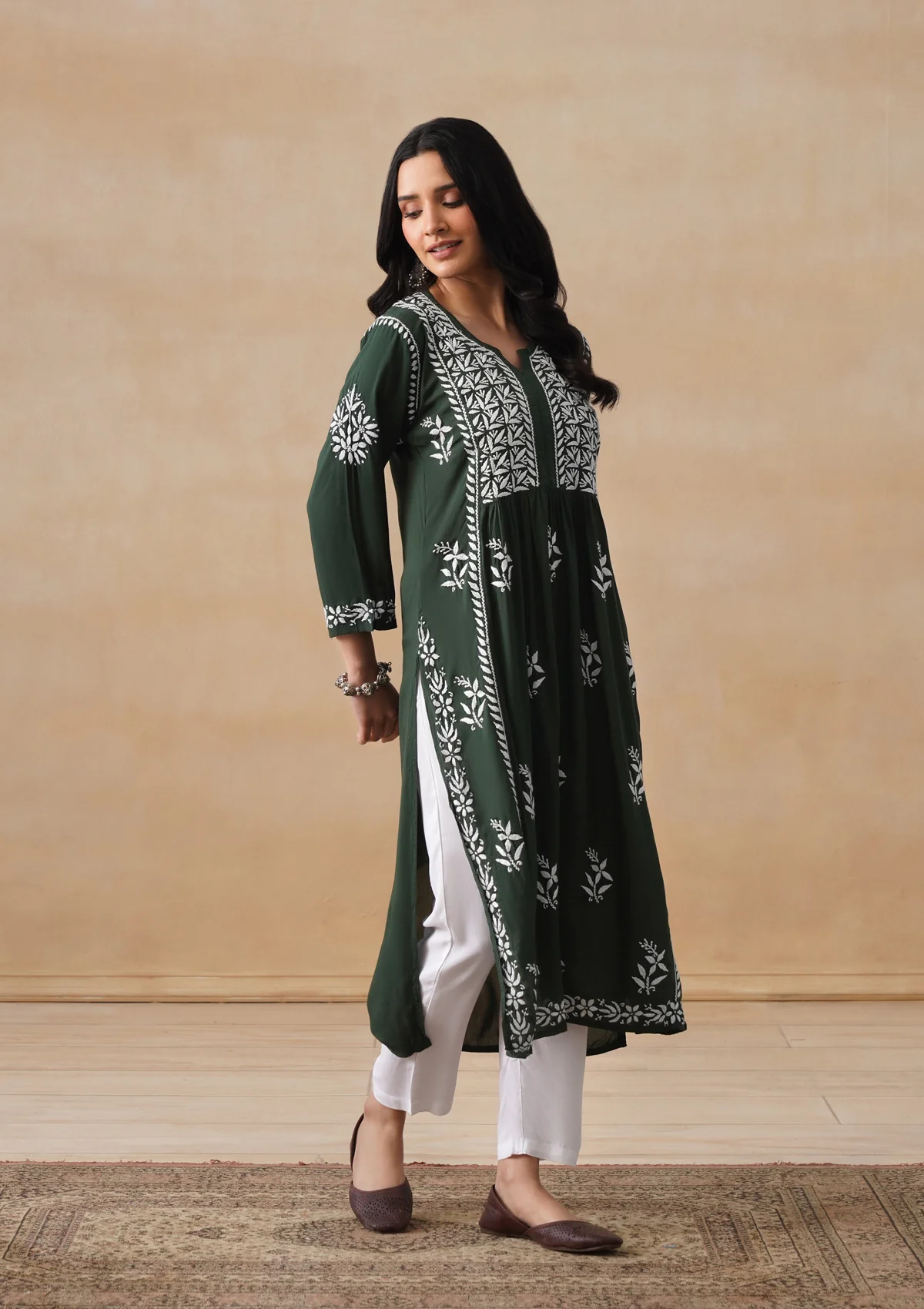 HOC Modal Chikankari Solid Women's Long Kurta - Dark Green - Image 5