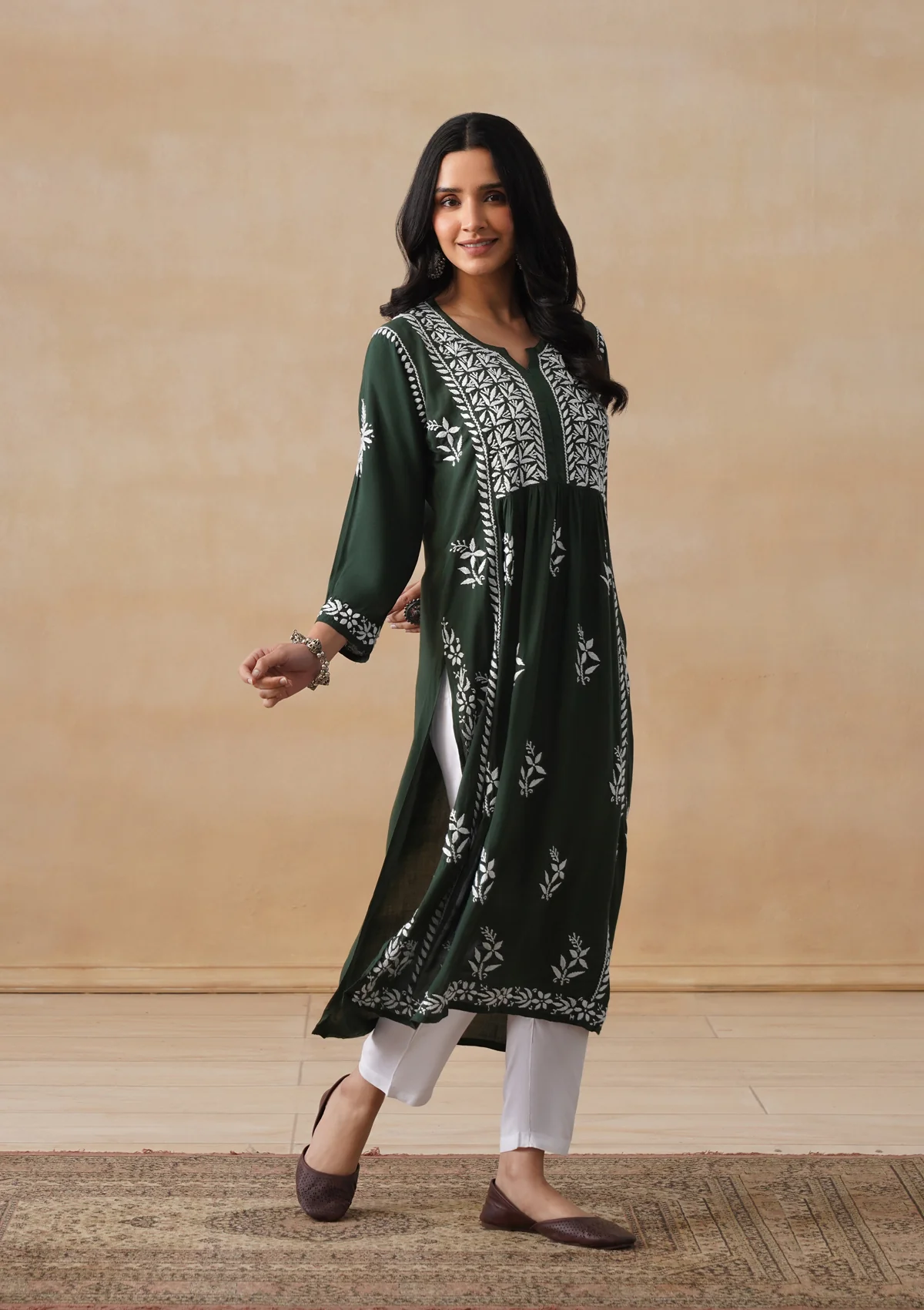 HOC Modal Chikankari Solid Women's Long Kurta - Dark Green - Image 6