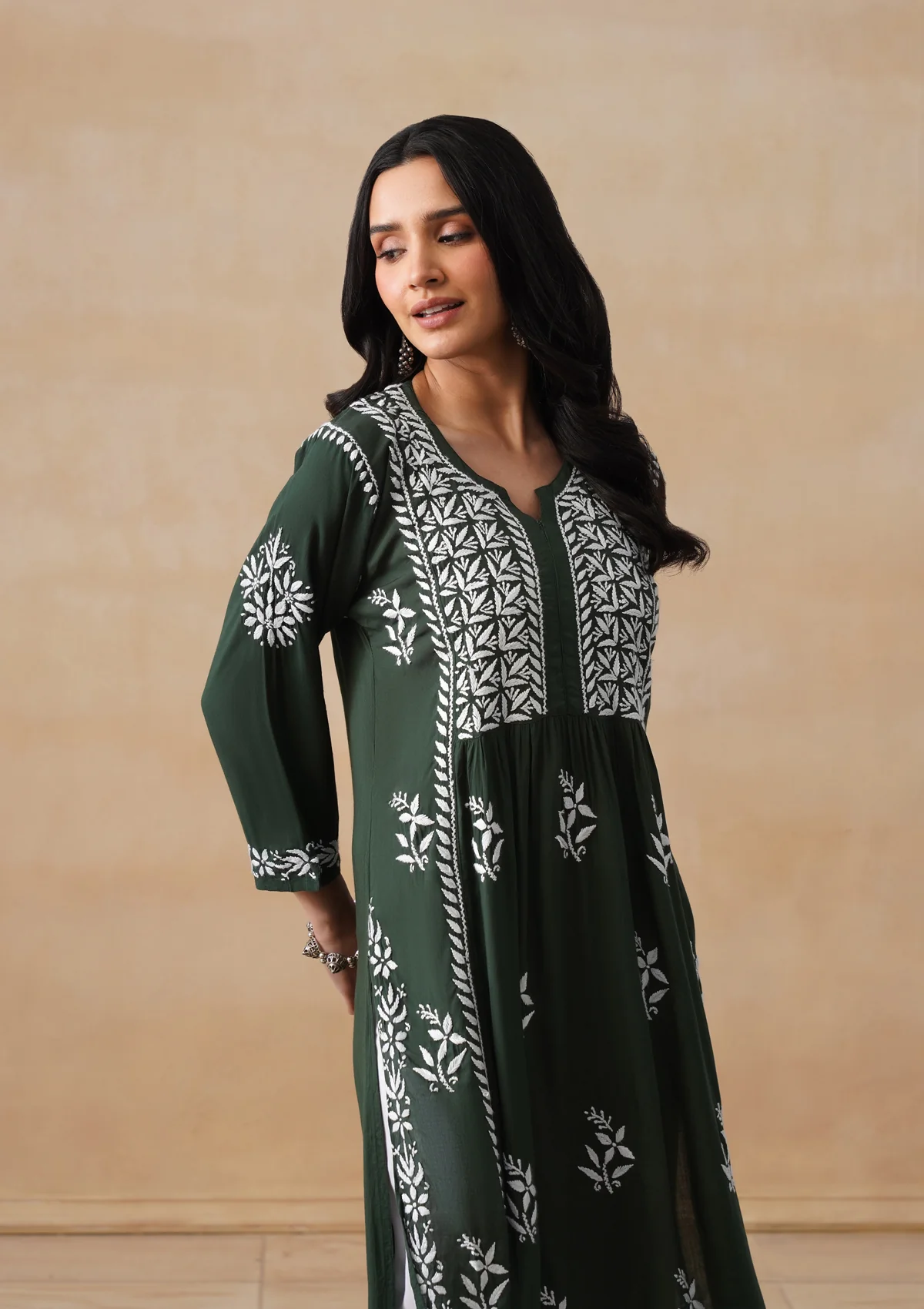 HOC Modal Chikankari Solid Women's Long Kurta - Dark Green - Image 8