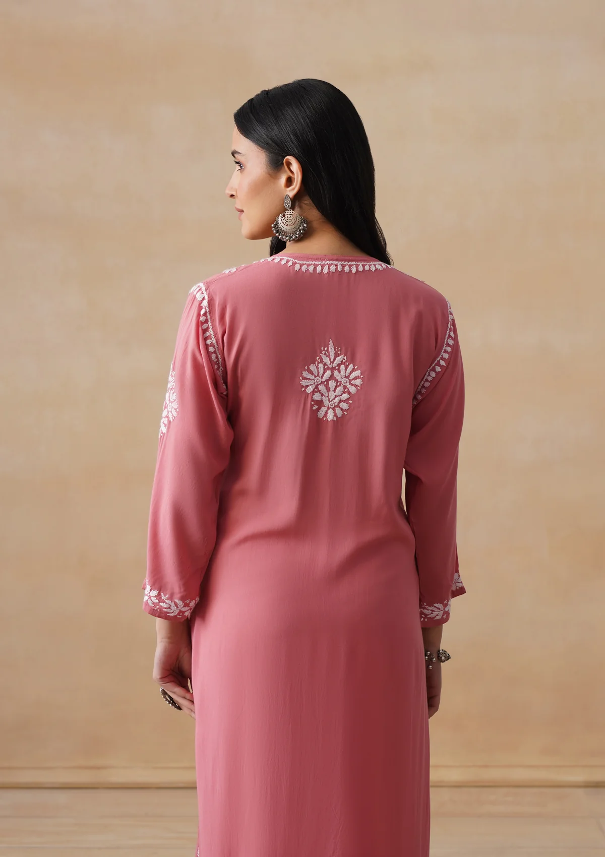 HOC Modal Chikankari Solid Women's Long Kurta - Dust Pink - Image 10