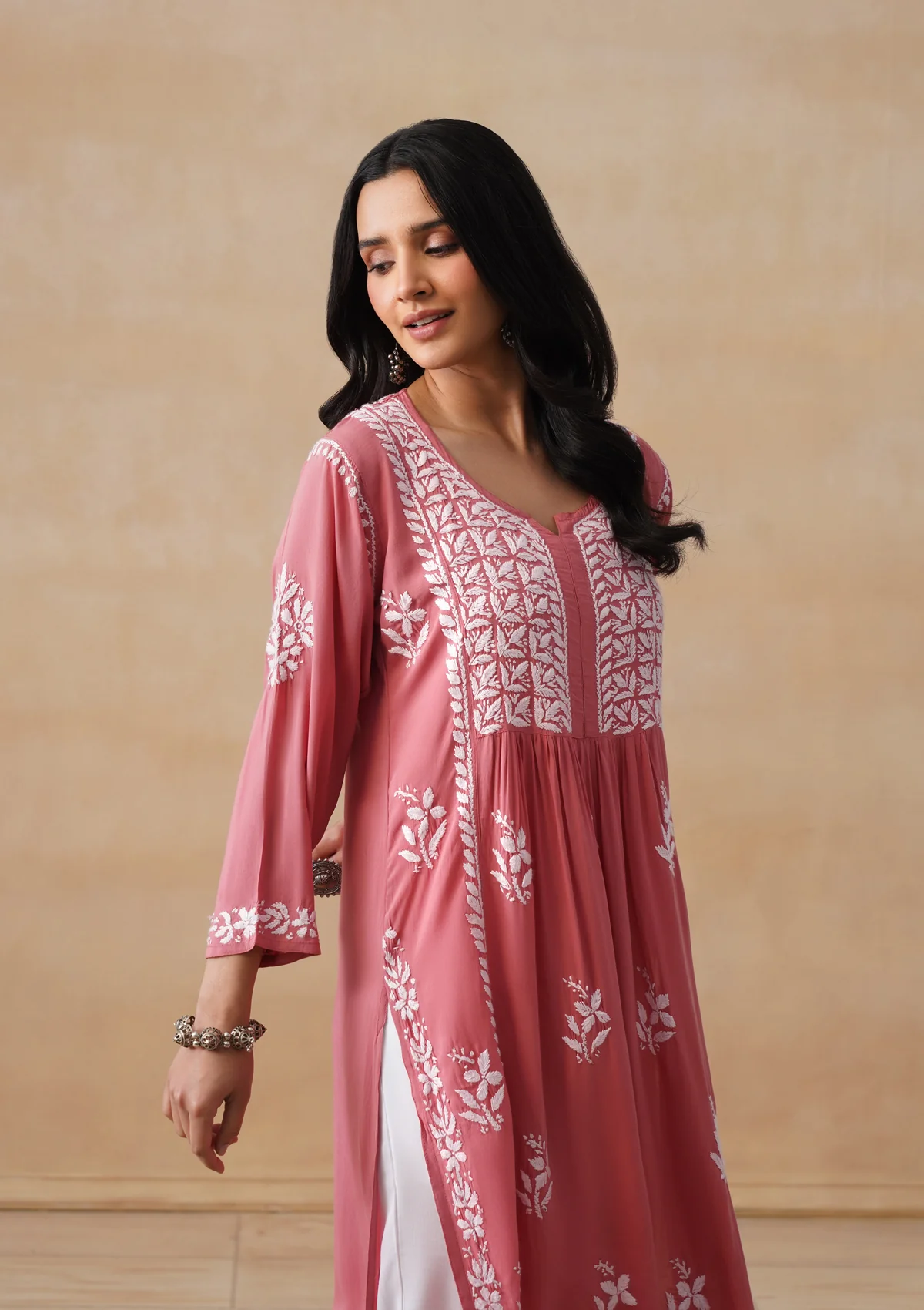 HOC Modal Chikankari Solid Women's Long Kurta - Dust Pink - Image 8