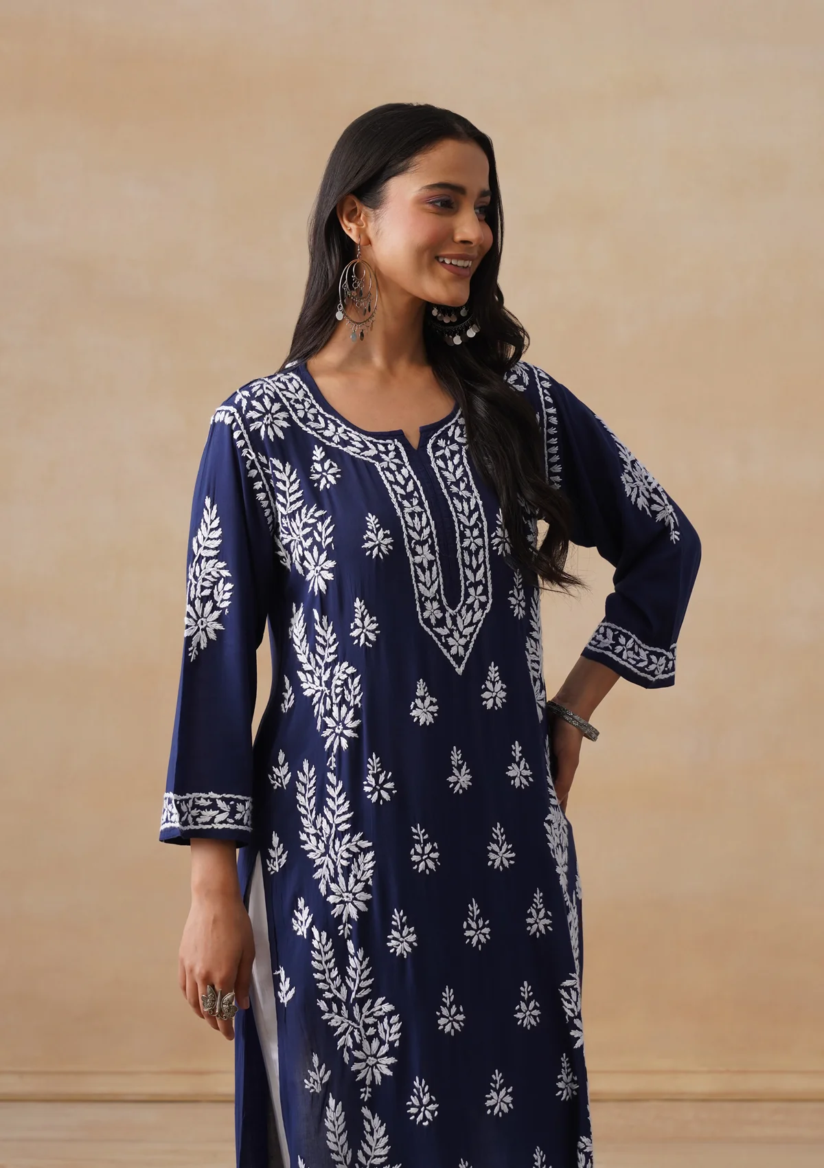 HOC Modal Chikankari Solid Women's Long Kurta - Navy - Image 2