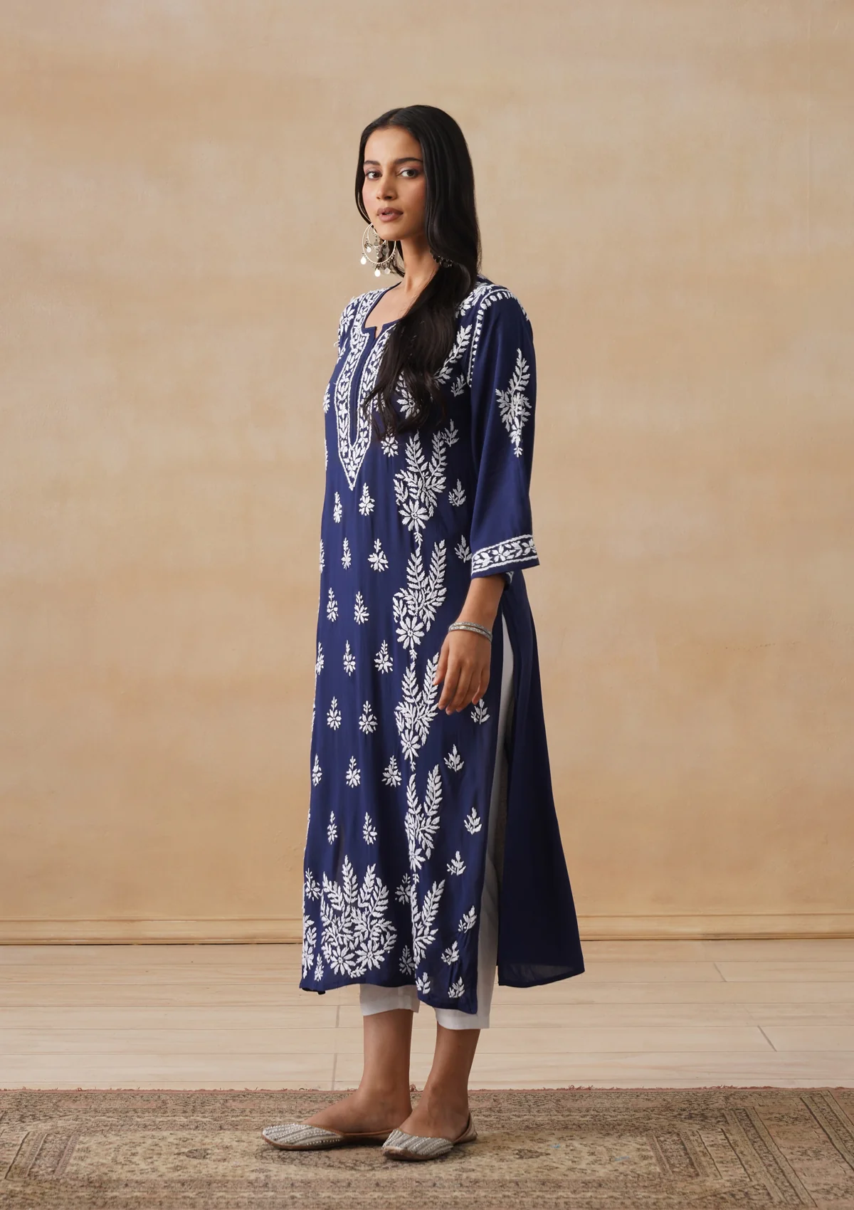 HOC Modal Chikankari Solid Women's Long Kurta - Navy - Image 5