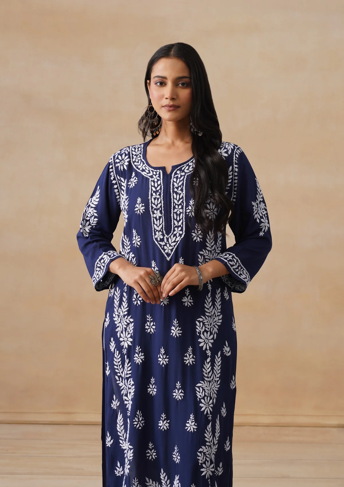 HOC Modal Chikankari Solid Women's Long Kurta - Navy - Image 7