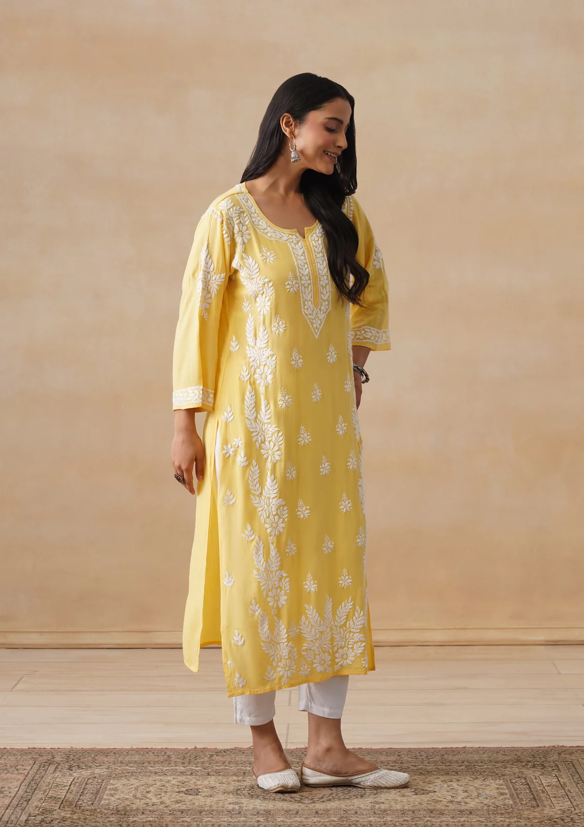 HOC Modal Chikankari Solid Women's Long Kurta - Yellow - Image 4