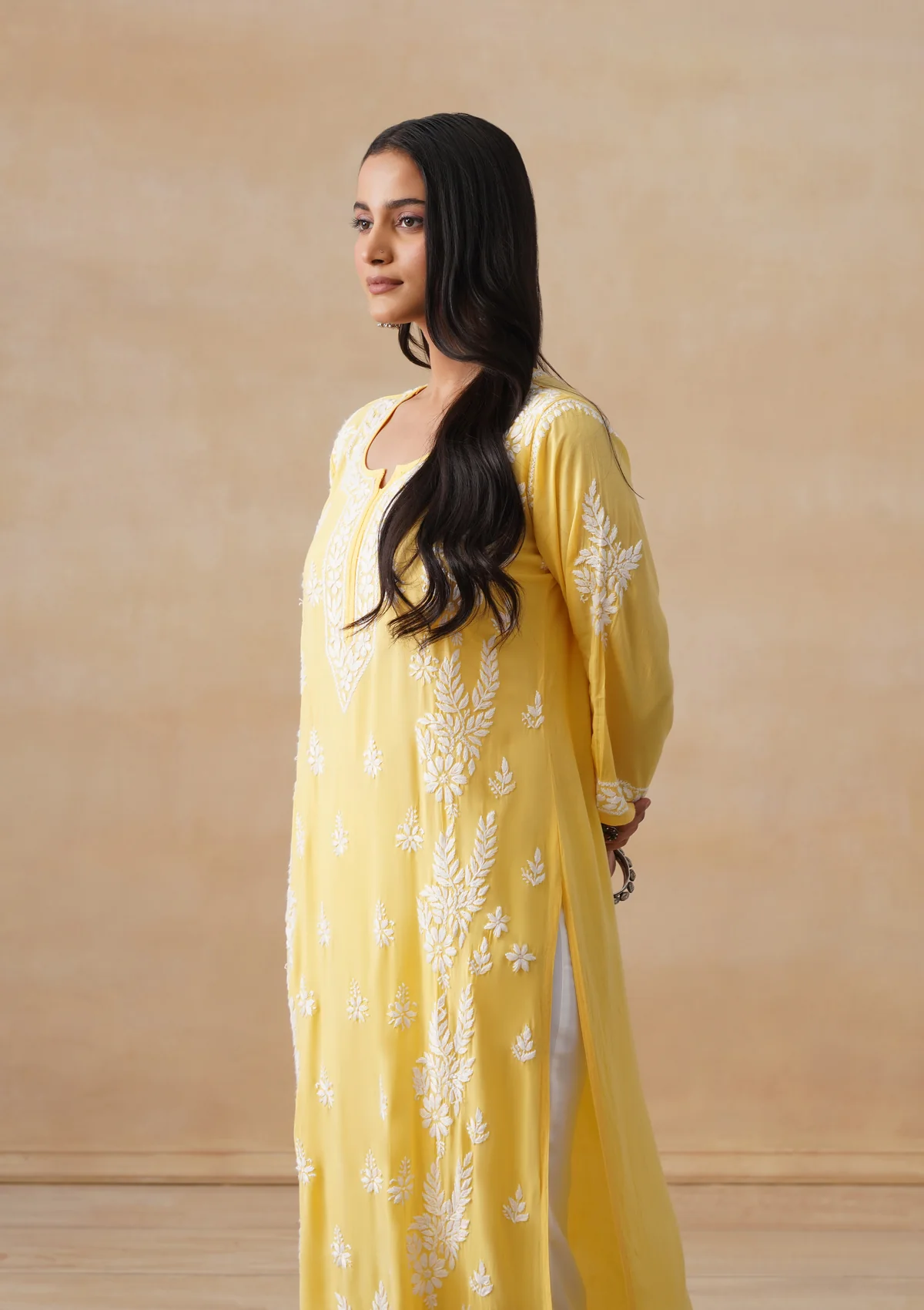 HOC Modal Chikankari Solid Women's Long Kurta - Yellow - Image 6