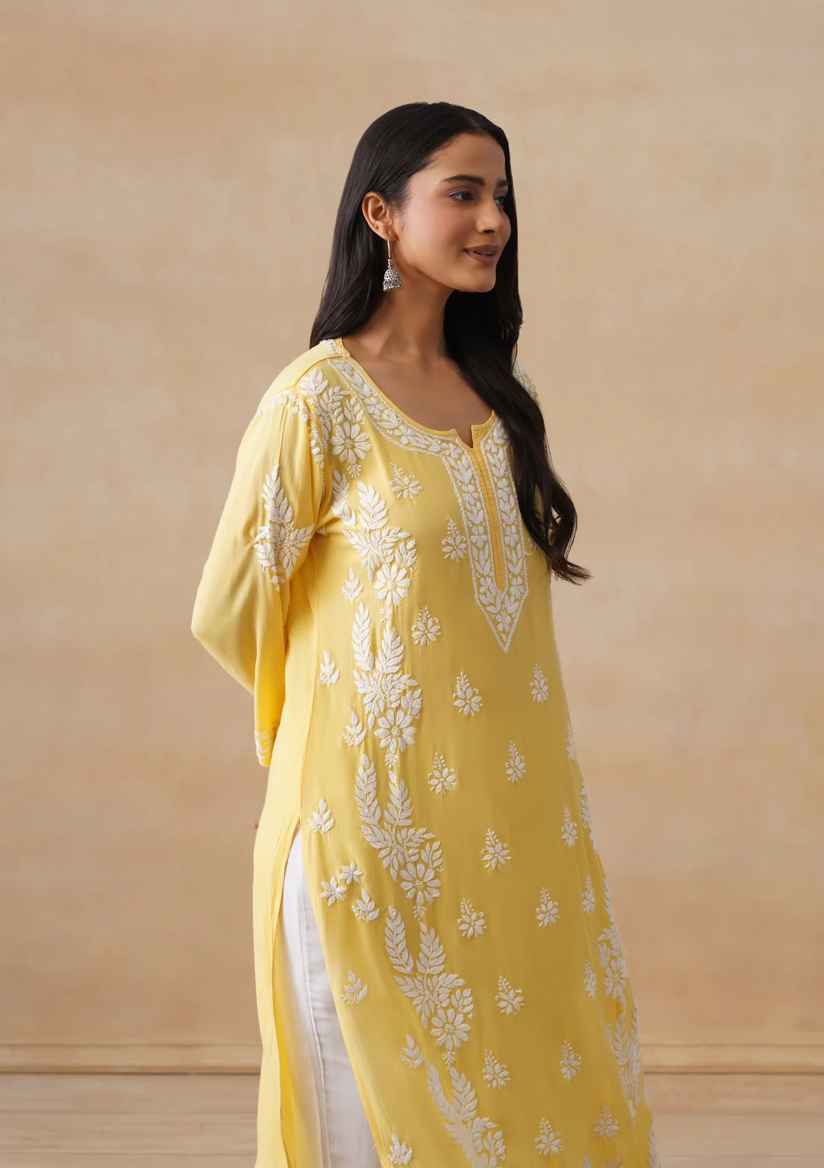HOC Modal Chikankari Solid Women's Long Kurta - Yellow - Image 7