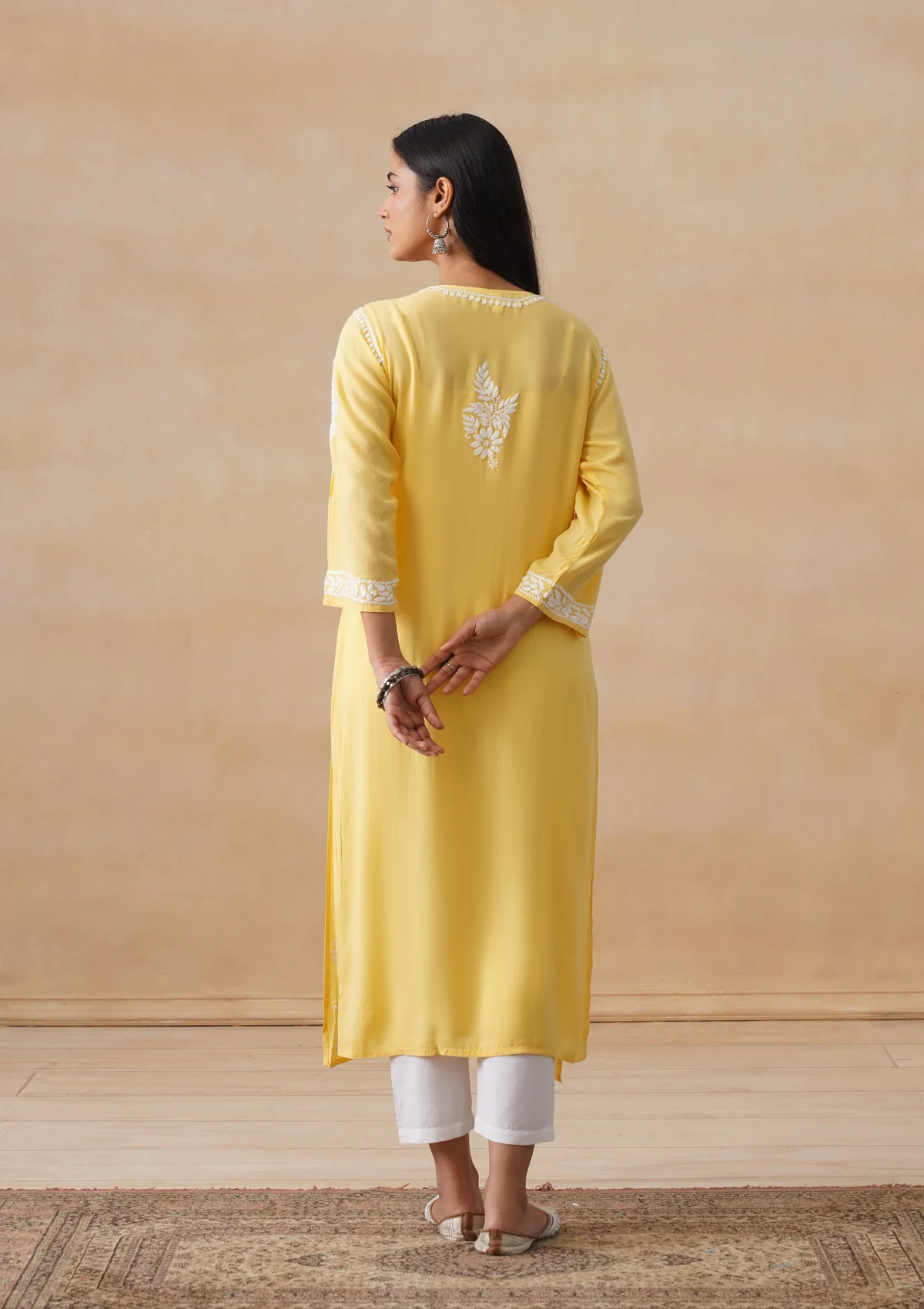 HOC Modal Chikankari Solid Women's Long Kurta - Yellow - Image 9