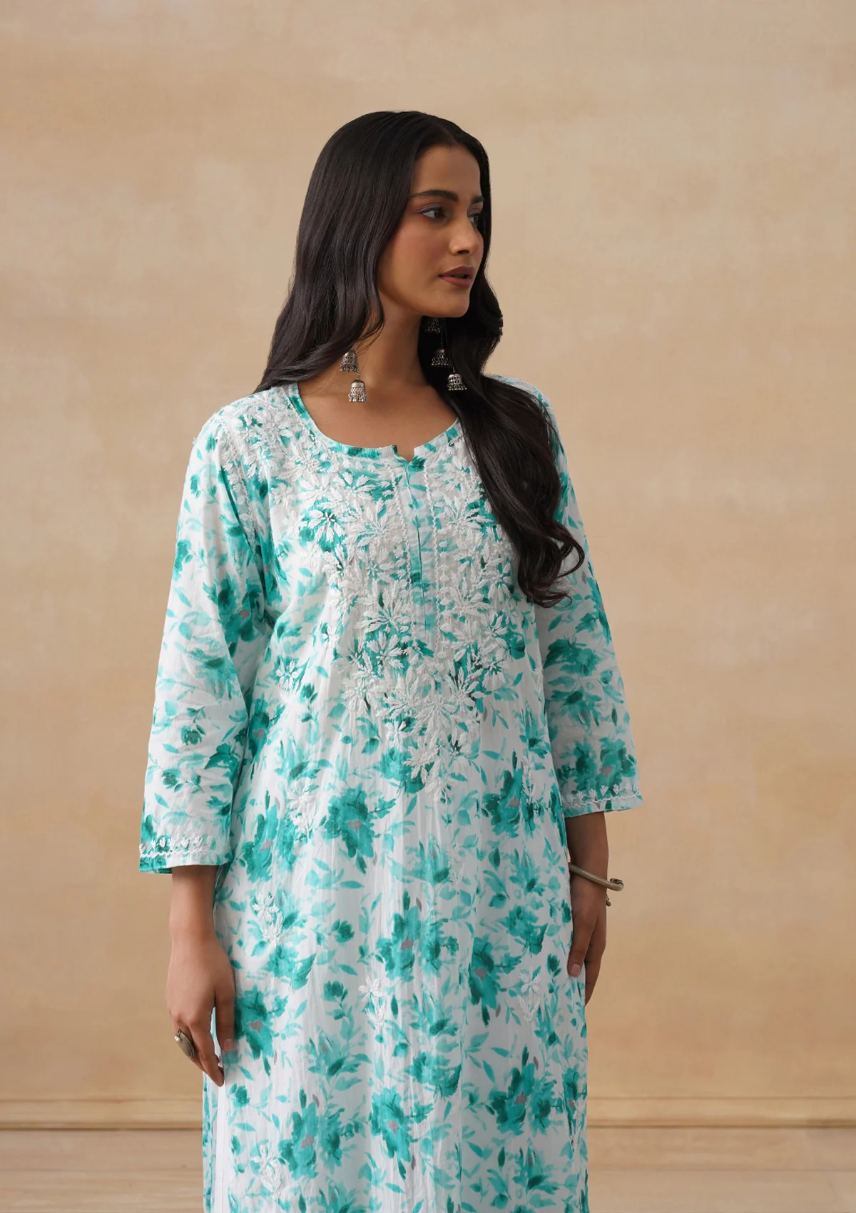 HOC Mulmul Chikankari Printed Women's Long Kurta - Light Blue - Image 10