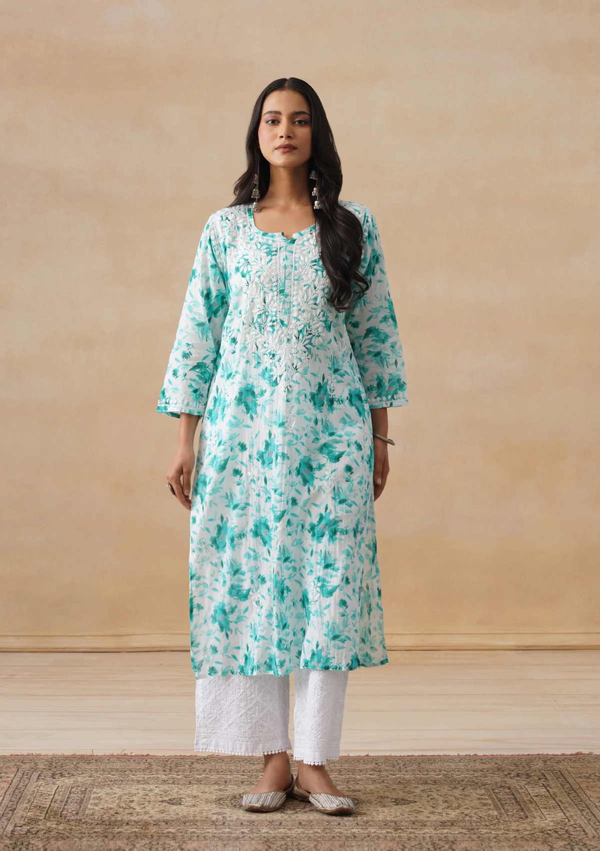 HOC Mulmul Chikankari Printed Women's Long Kurta - Light Blue - Image 3