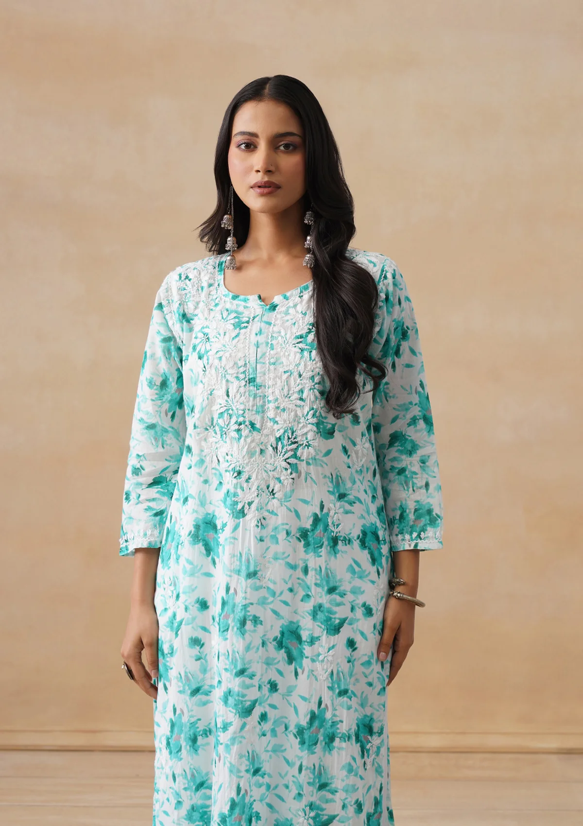 HOC Mulmul Chikankari Printed Women's Long Kurta - Light Blue - Image 4