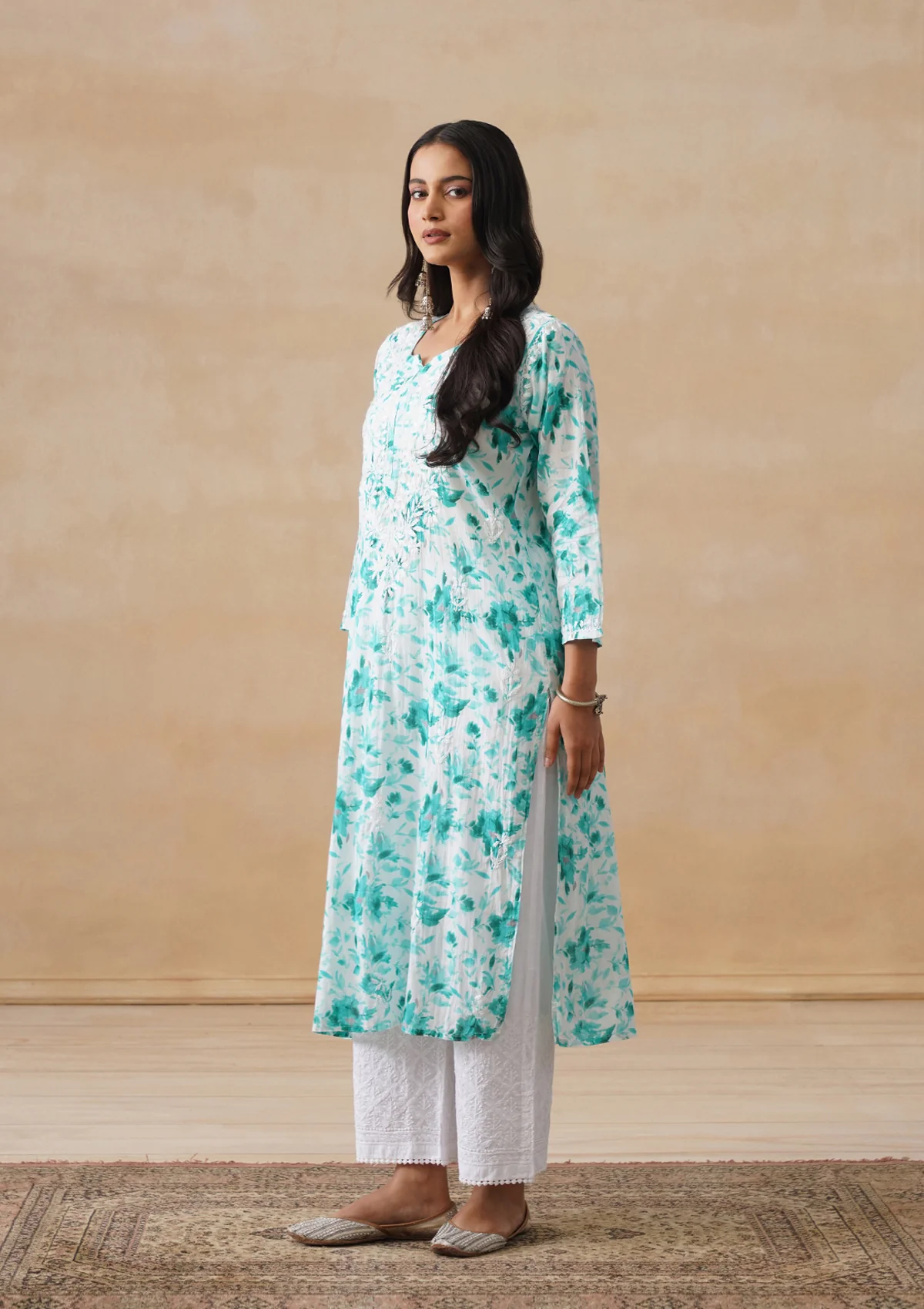 HOC Mulmul Chikankari Printed Women's Long Kurta - Light Blue - Image 5