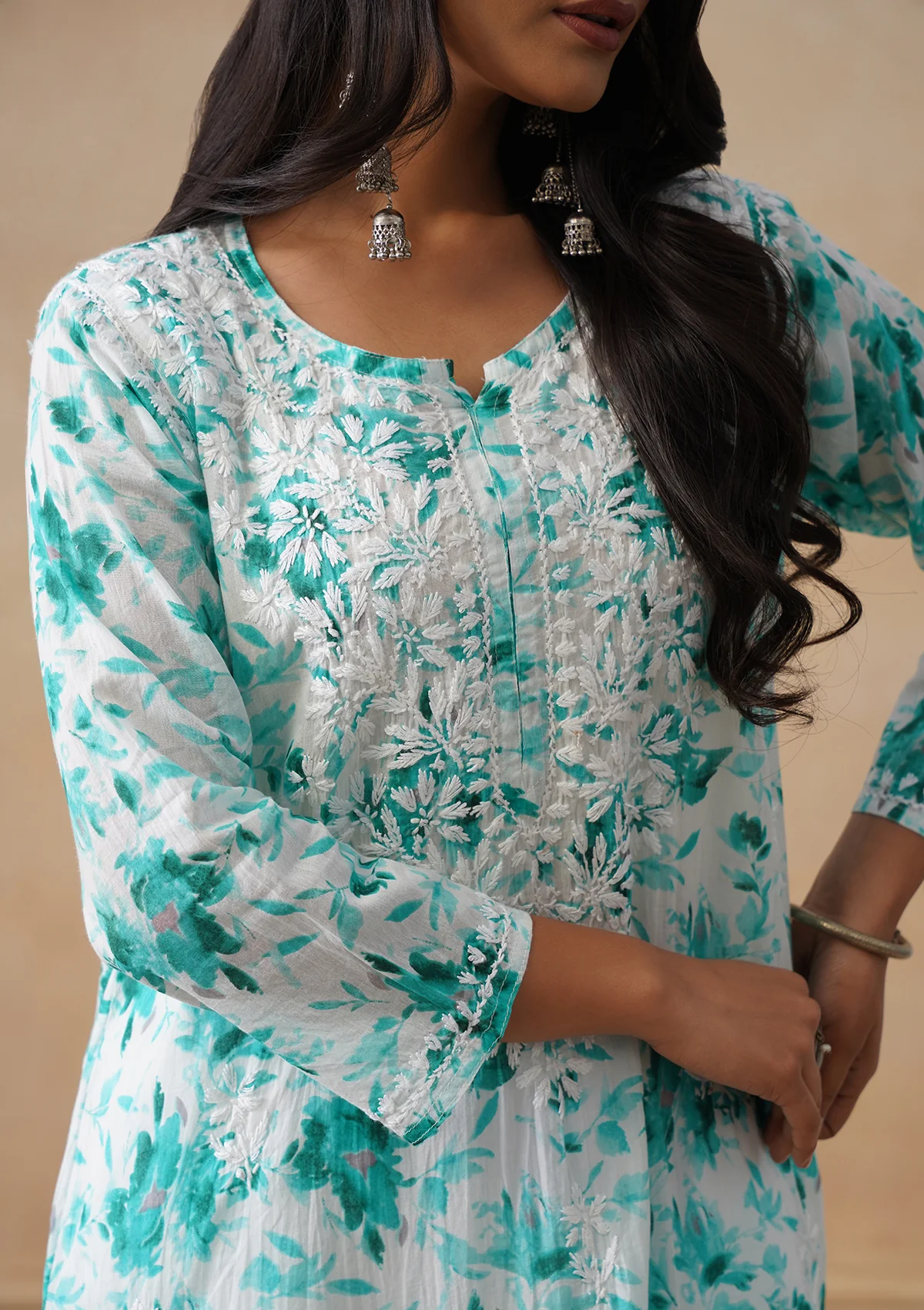 HOC Mulmul Chikankari Printed Women's Long Kurta - Light Blue - Image 7