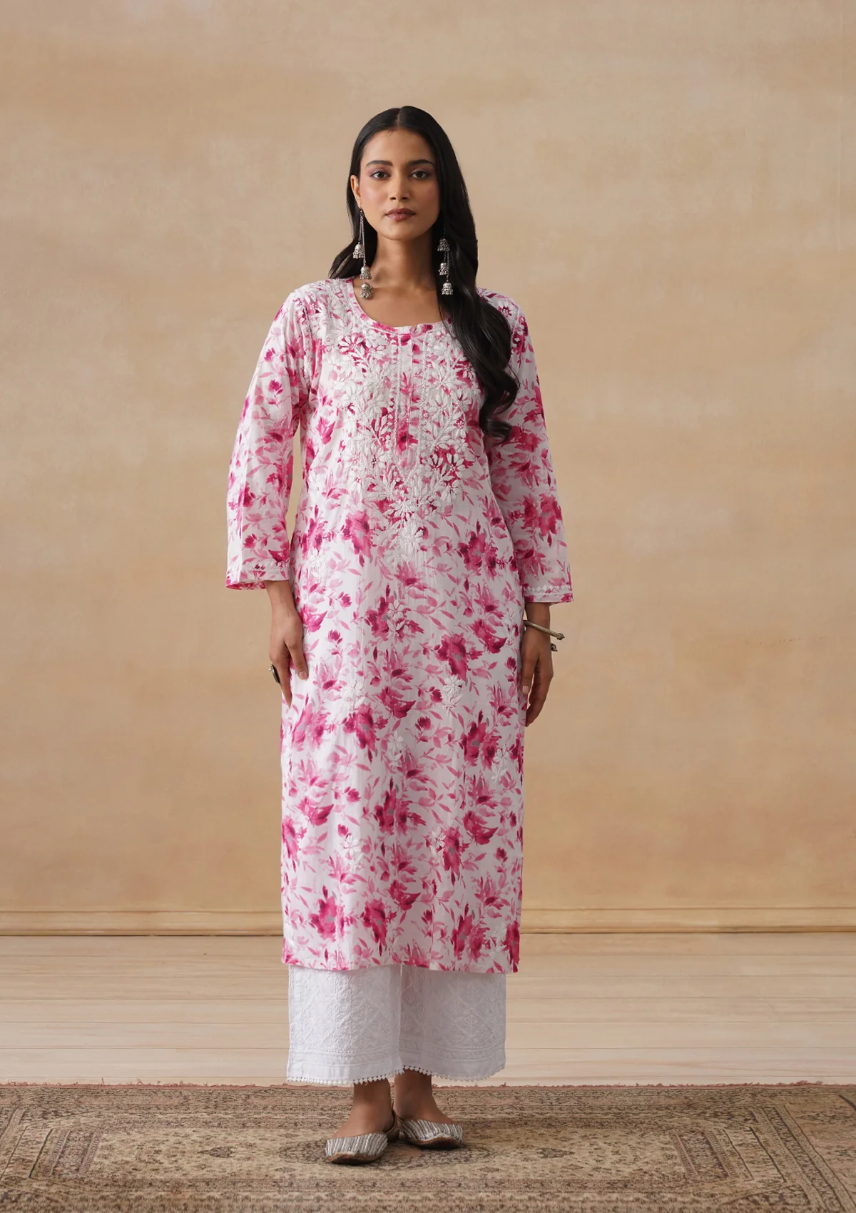 HOC Mulmul Chikankari Printed Women's Long Kurta - Pink