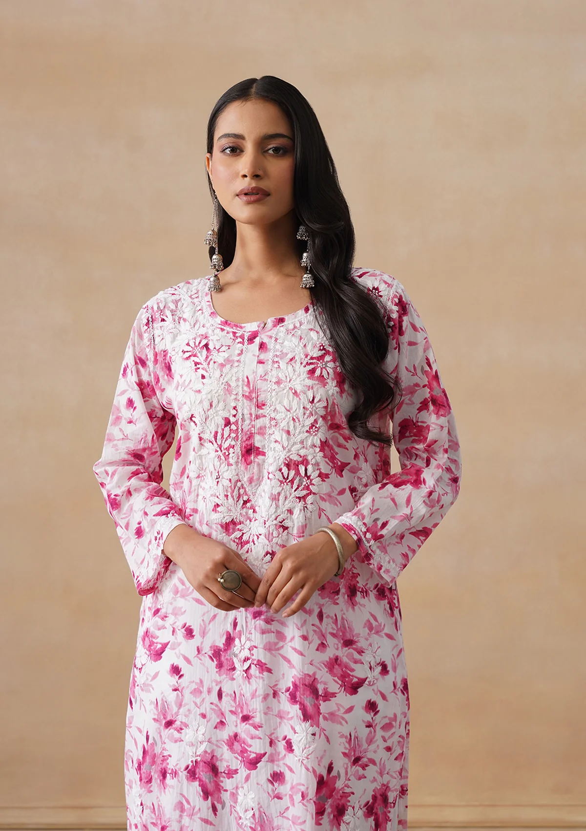 HOC Mulmul Chikankari Printed Women's Long Kurta - Pink - Image 2