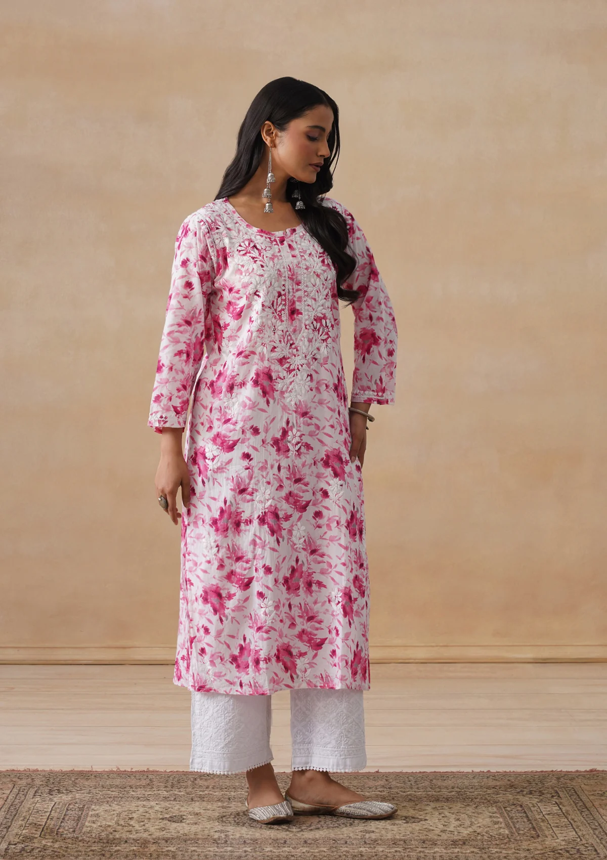 HOC Mulmul Chikankari Printed Women's Long Kurta - Pink - Image 5