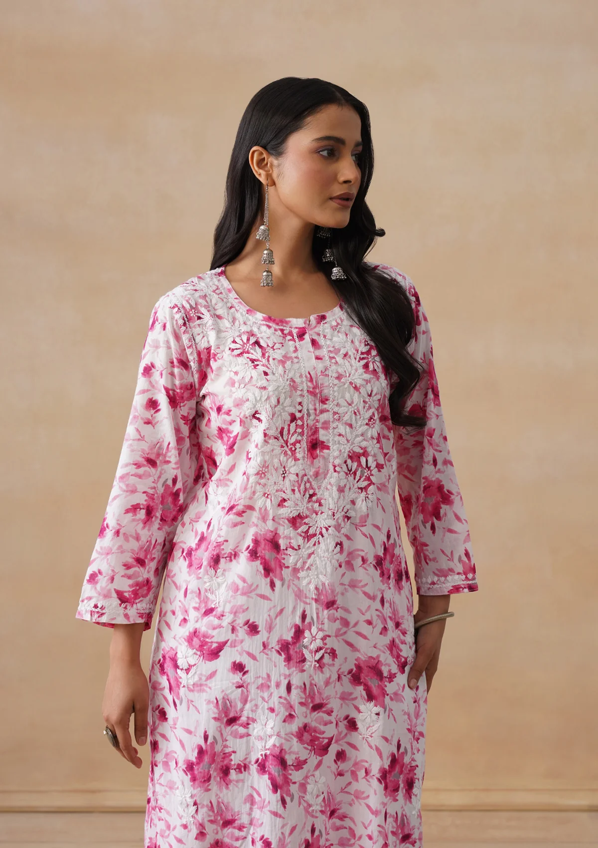 HOC Mulmul Chikankari Printed Women's Long Kurta - Pink - Image 7