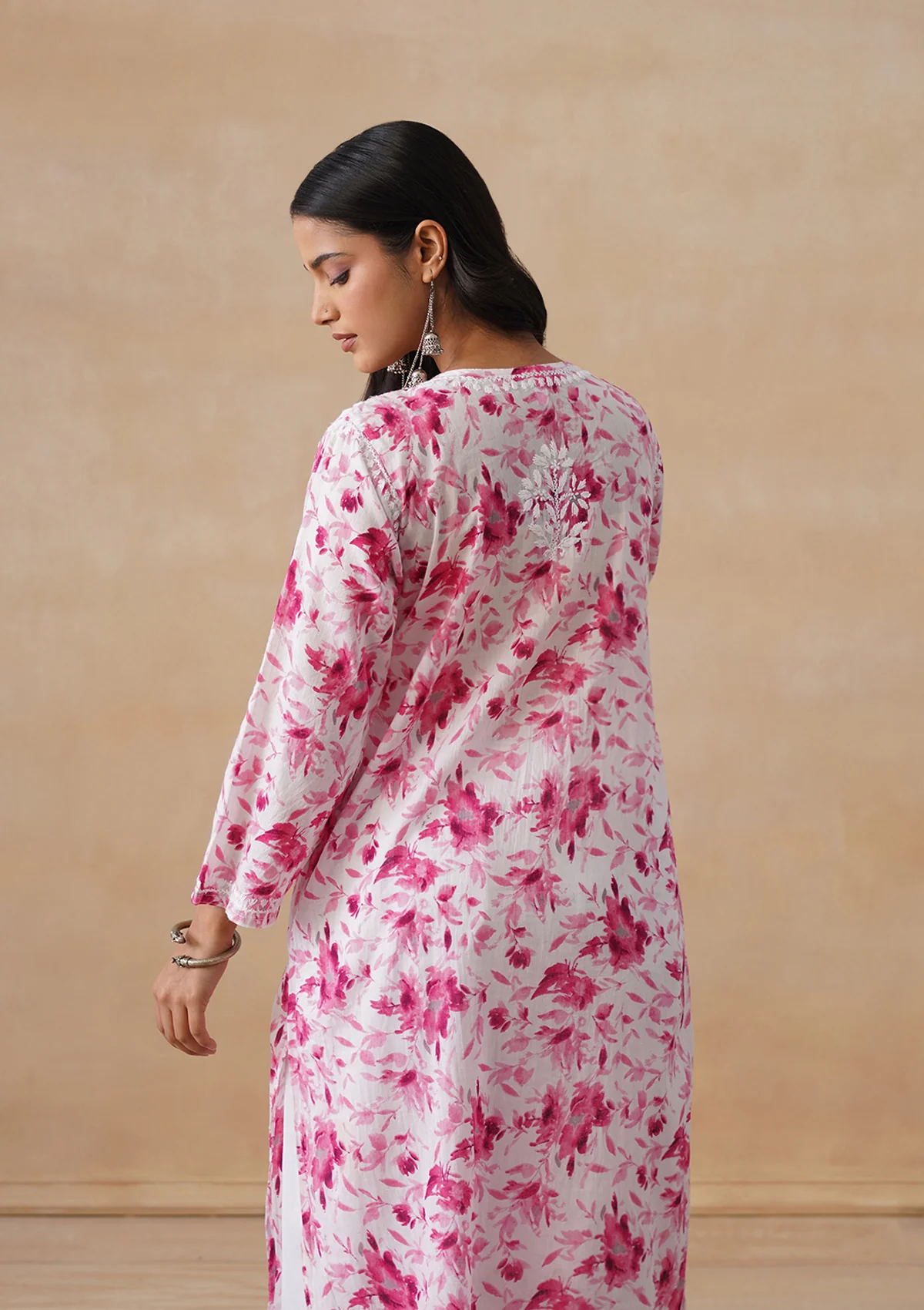HOC Mulmul Chikankari Printed Women's Long Kurta - Pink - Image 8