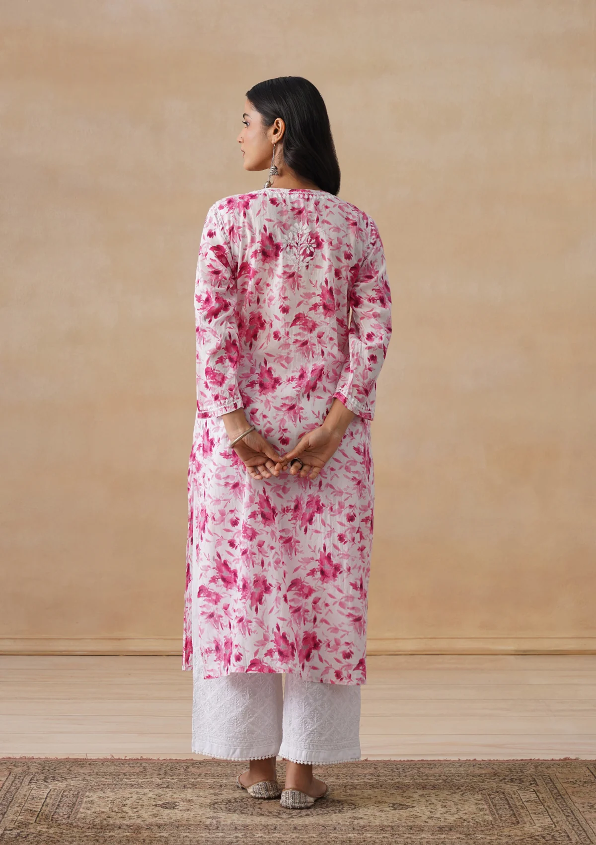 HOC Mulmul Chikankari Printed Women's Long Kurta - Pink - Image 9