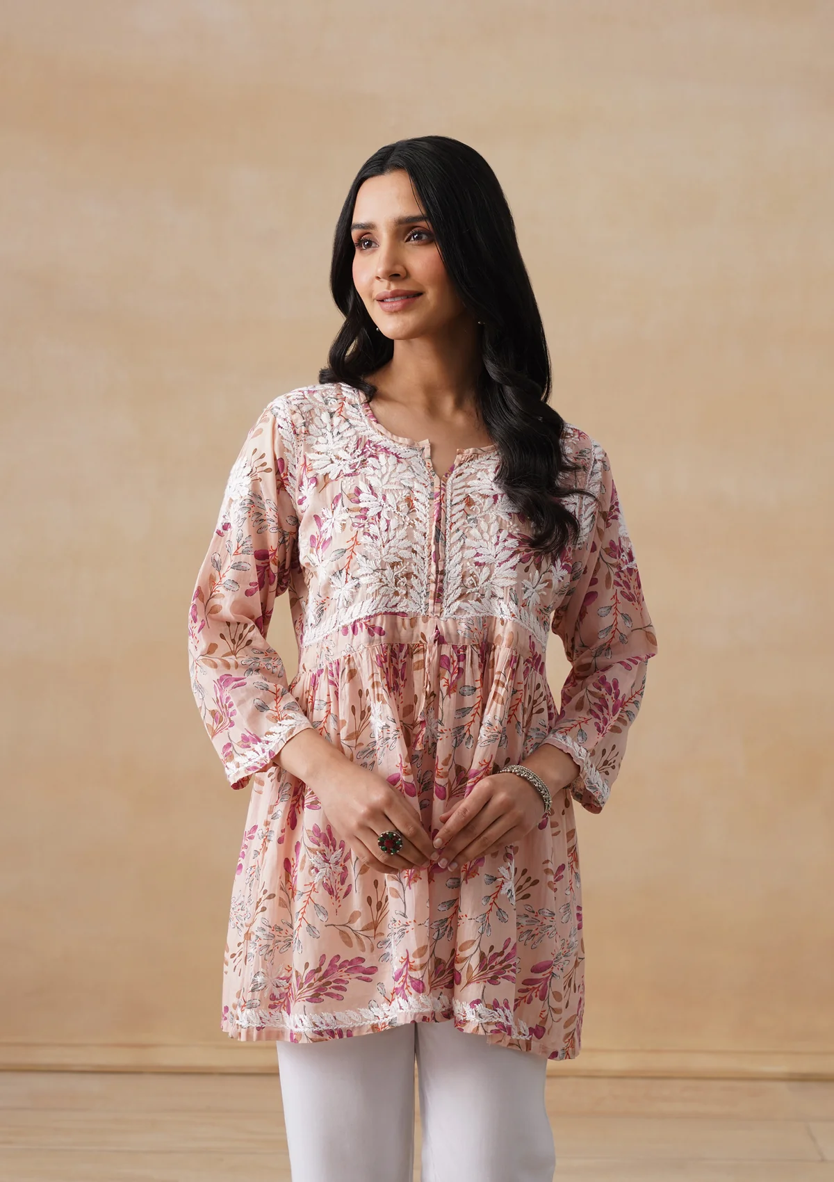 HOC Mulmul Chikankari Printed Women's Short Kurta - Beige
