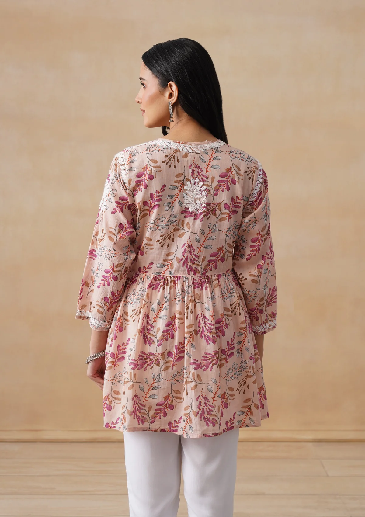 HOC Mulmul Chikankari Printed Women's Short Kurta - Beige - Image 10