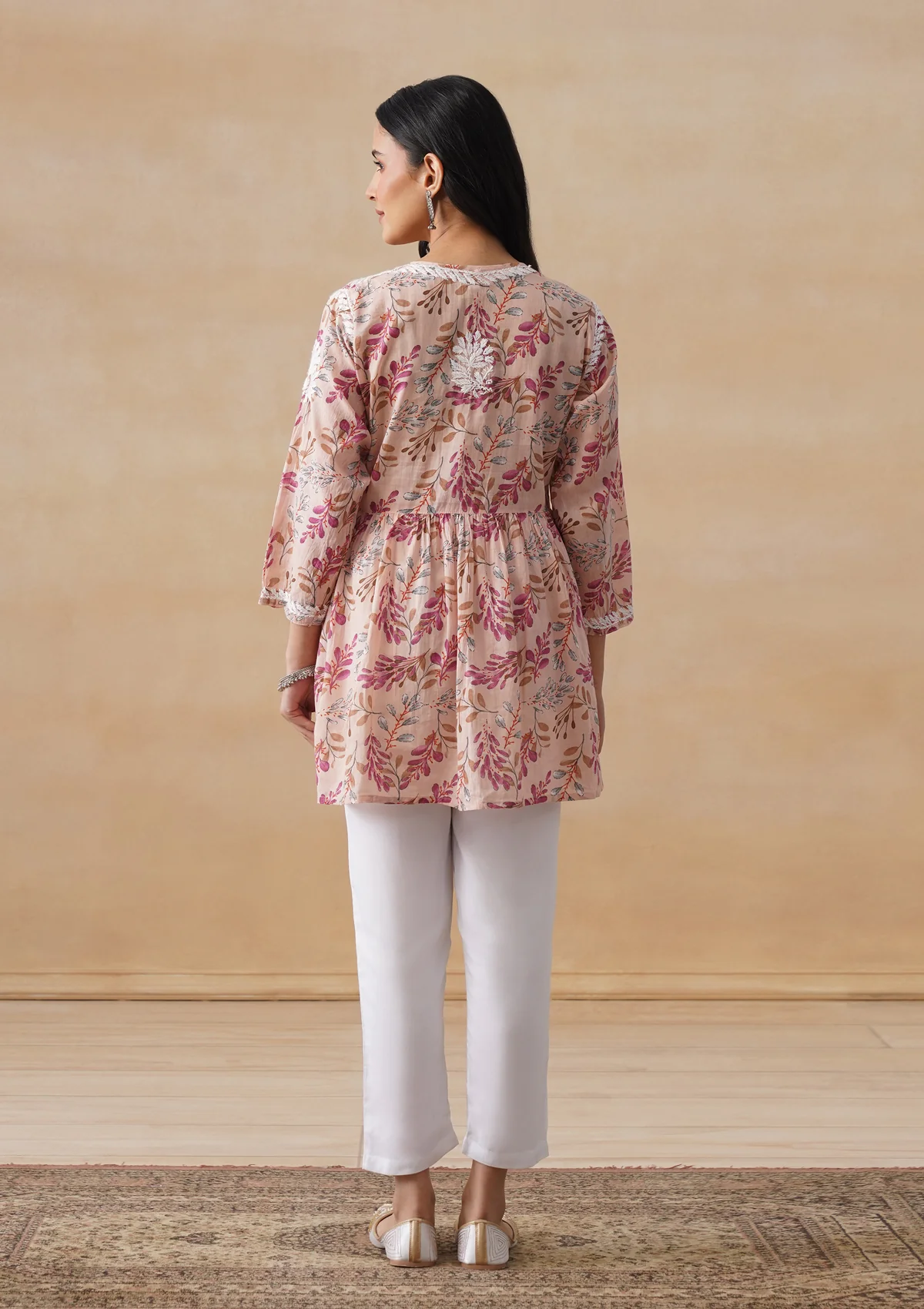 HOC Mulmul Chikankari Printed Women's Short Kurta - Beige - Image 11