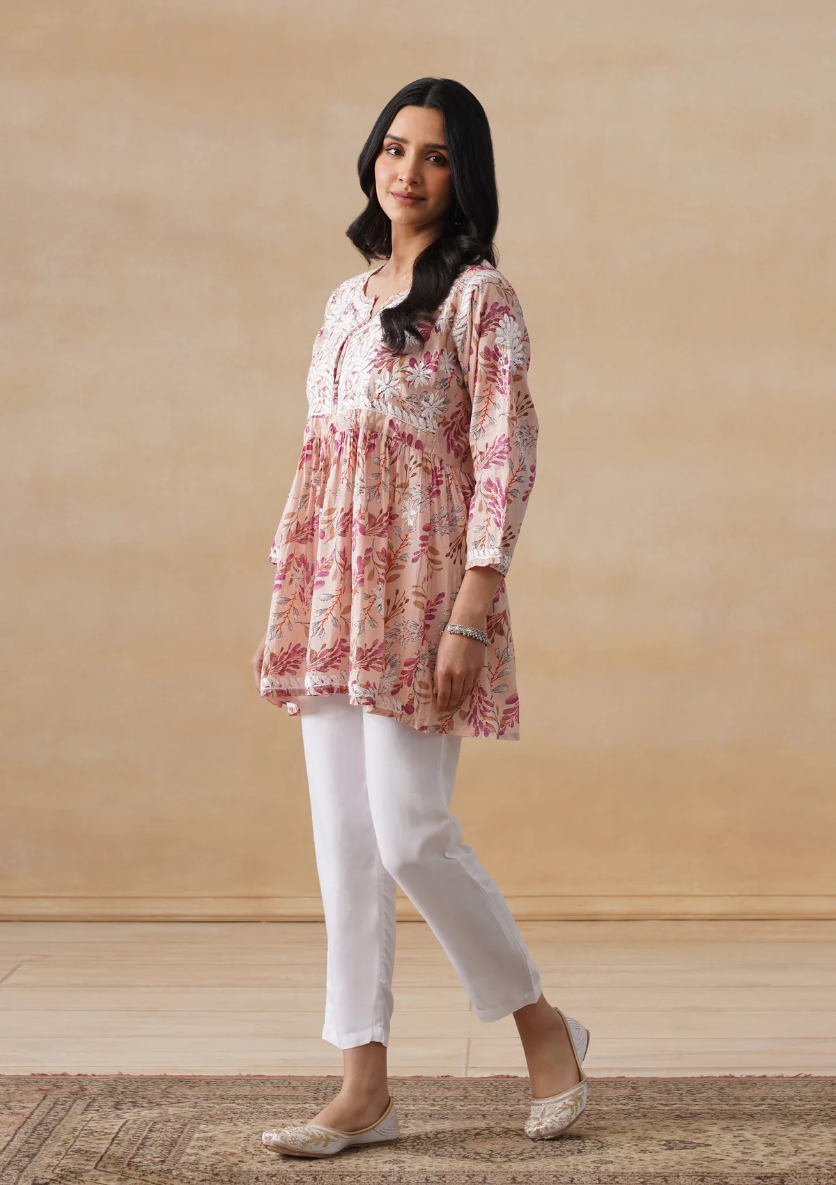 HOC Mulmul Chikankari Printed Women's Short Kurta - Beige - Image 5