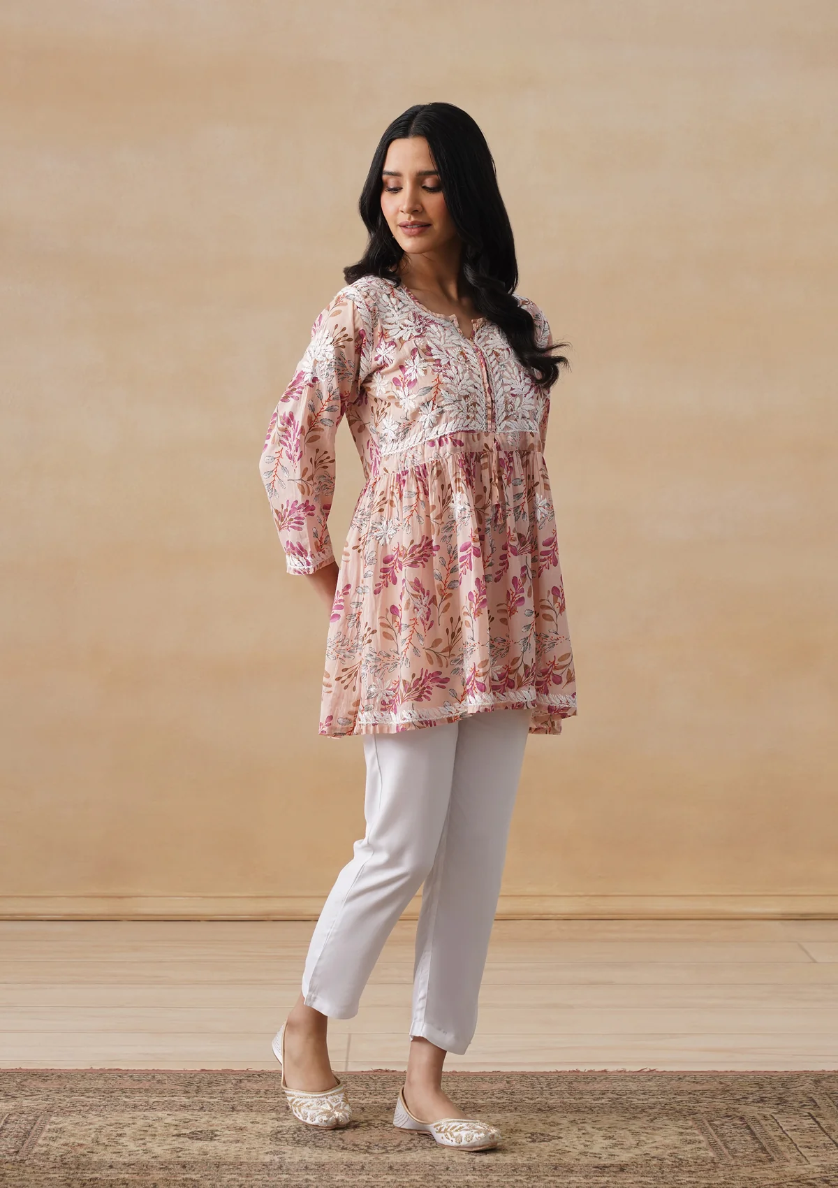 HOC Mulmul Chikankari Printed Women's Short Kurta - Beige - Image 6
