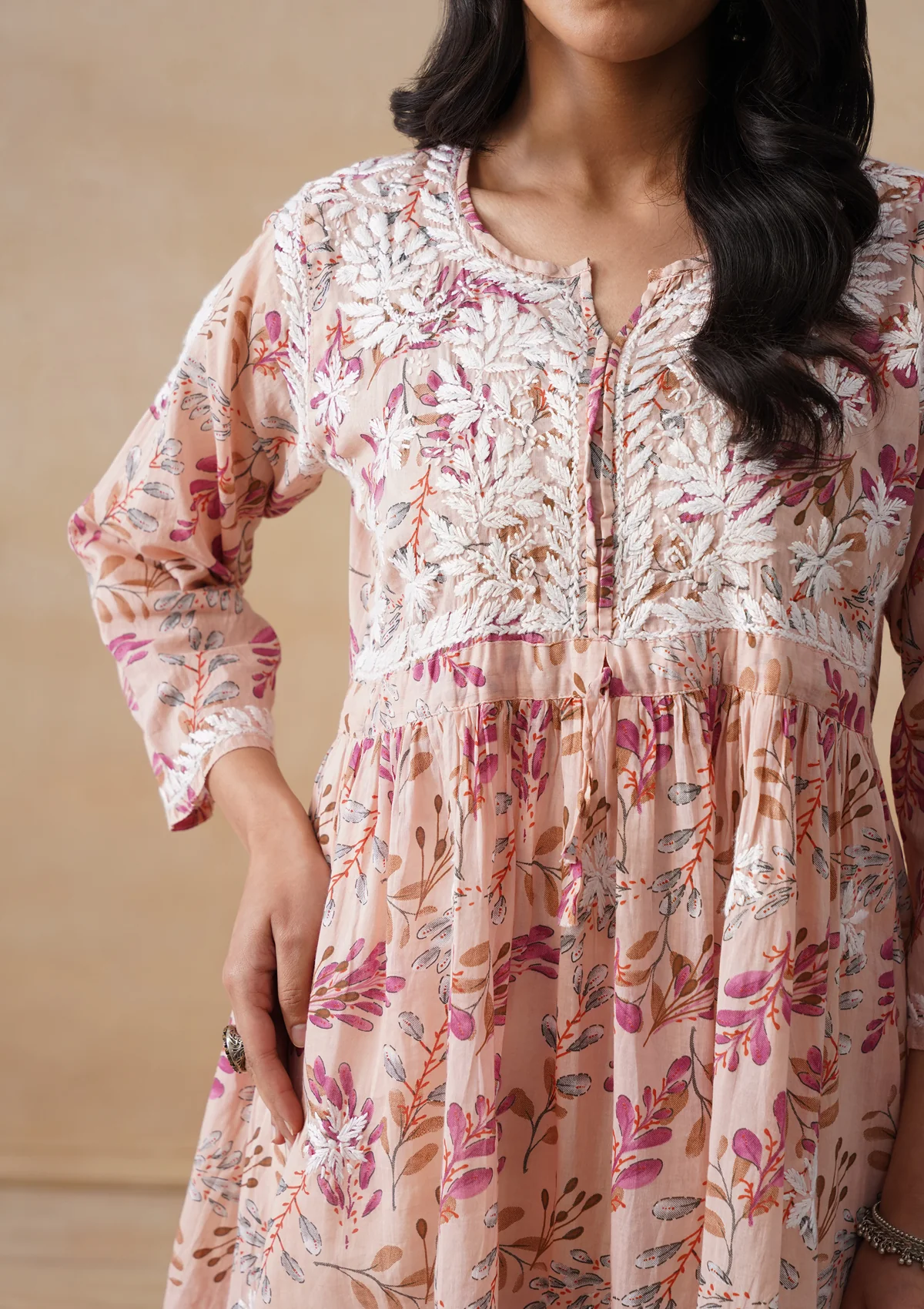HOC Mulmul Chikankari Printed Women's Short Kurta - Beige - Image 7