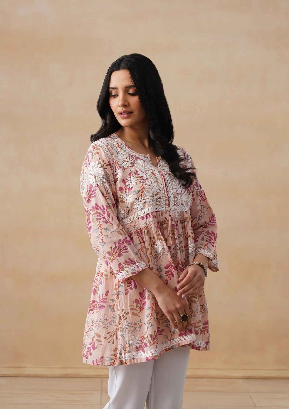 HOC Mulmul Chikankari Printed Women's Short Kurta - Beige - Image 8