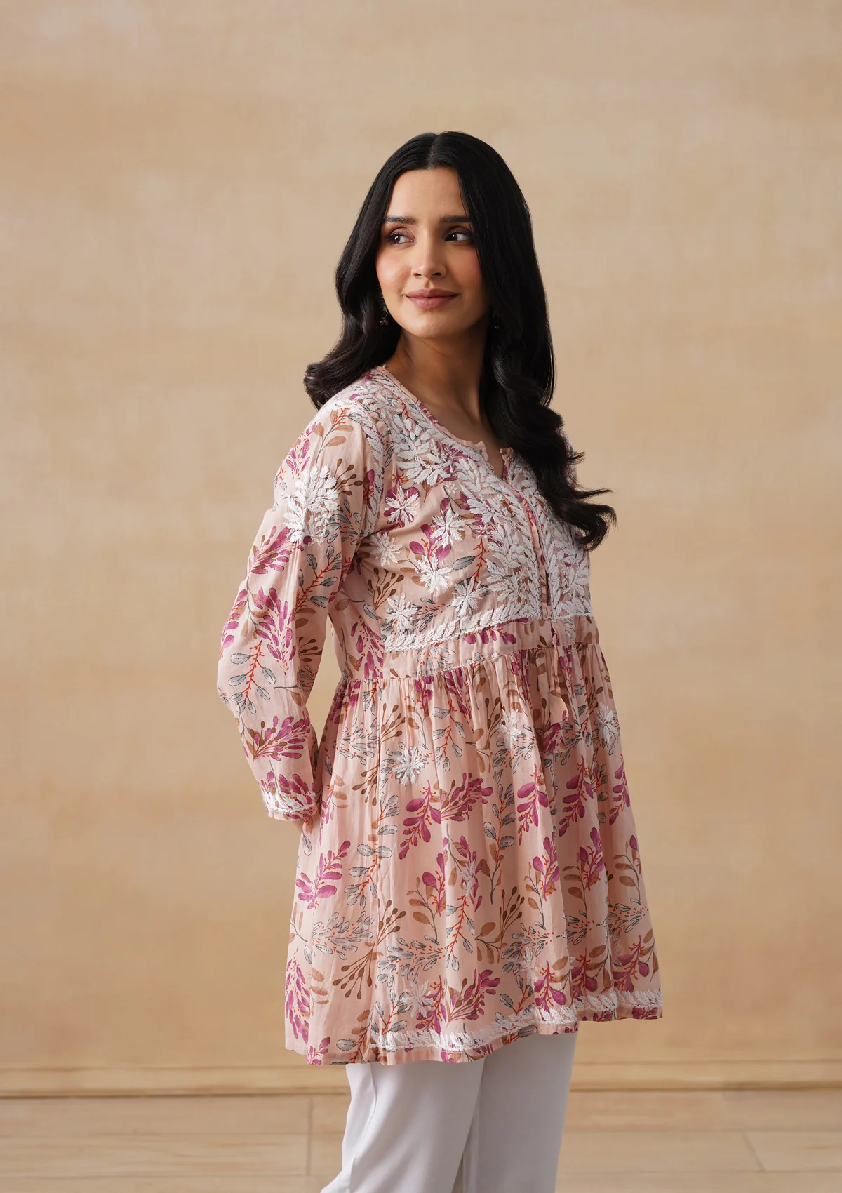 HOC Mulmul Chikankari Printed Women's Short Kurta - Beige - Image 9