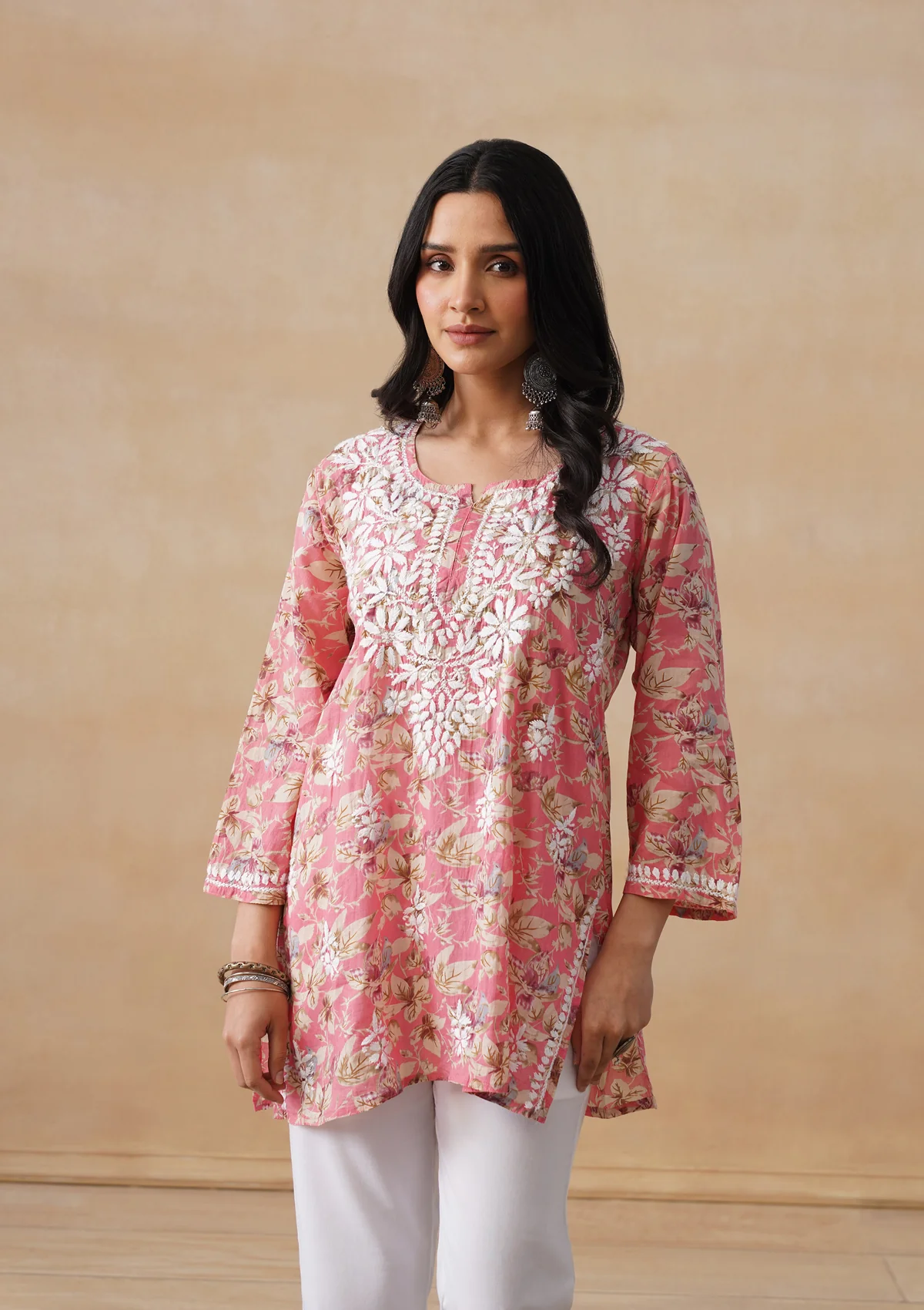 HOC Mulmul Chikankari Printed Women's Short Kurta - Coral - Image 2