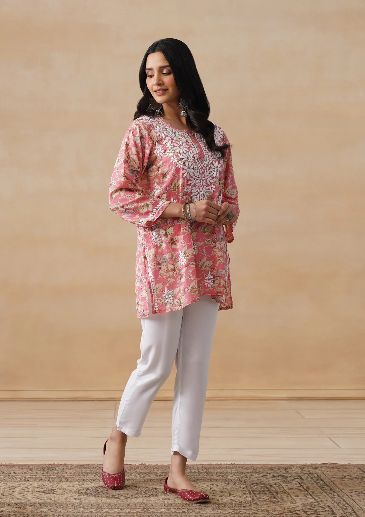 HOC Mulmul Chikankari Printed Women's Short Kurta - Coral - Image 3
