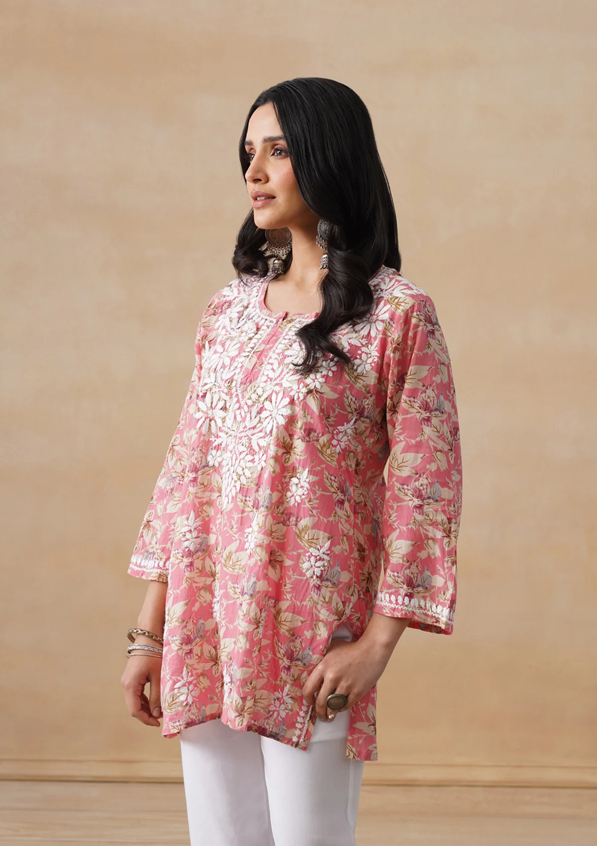 HOC Mulmul Chikankari Printed Women's Short Kurta - Coral - Image 4