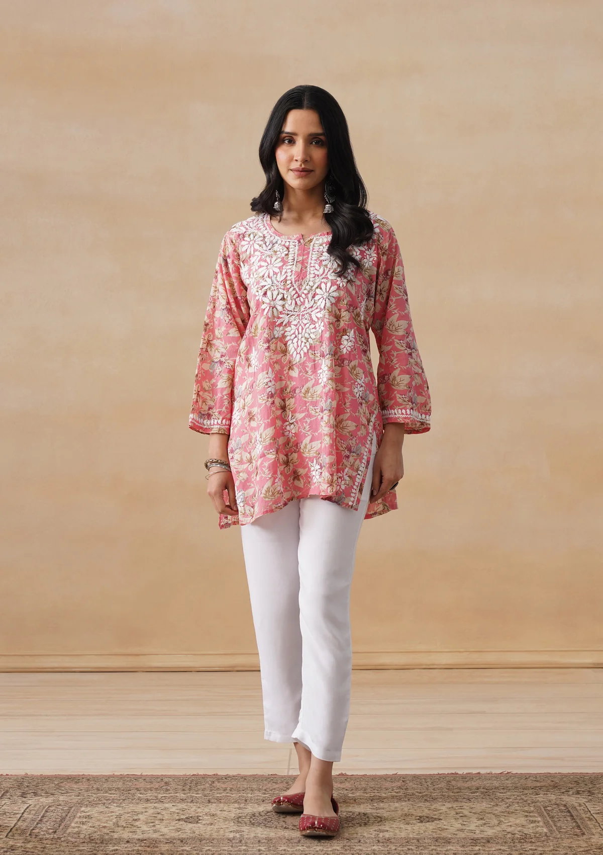 HOC Mulmul Chikankari Printed Women's Short Kurta - Coral - Image 5